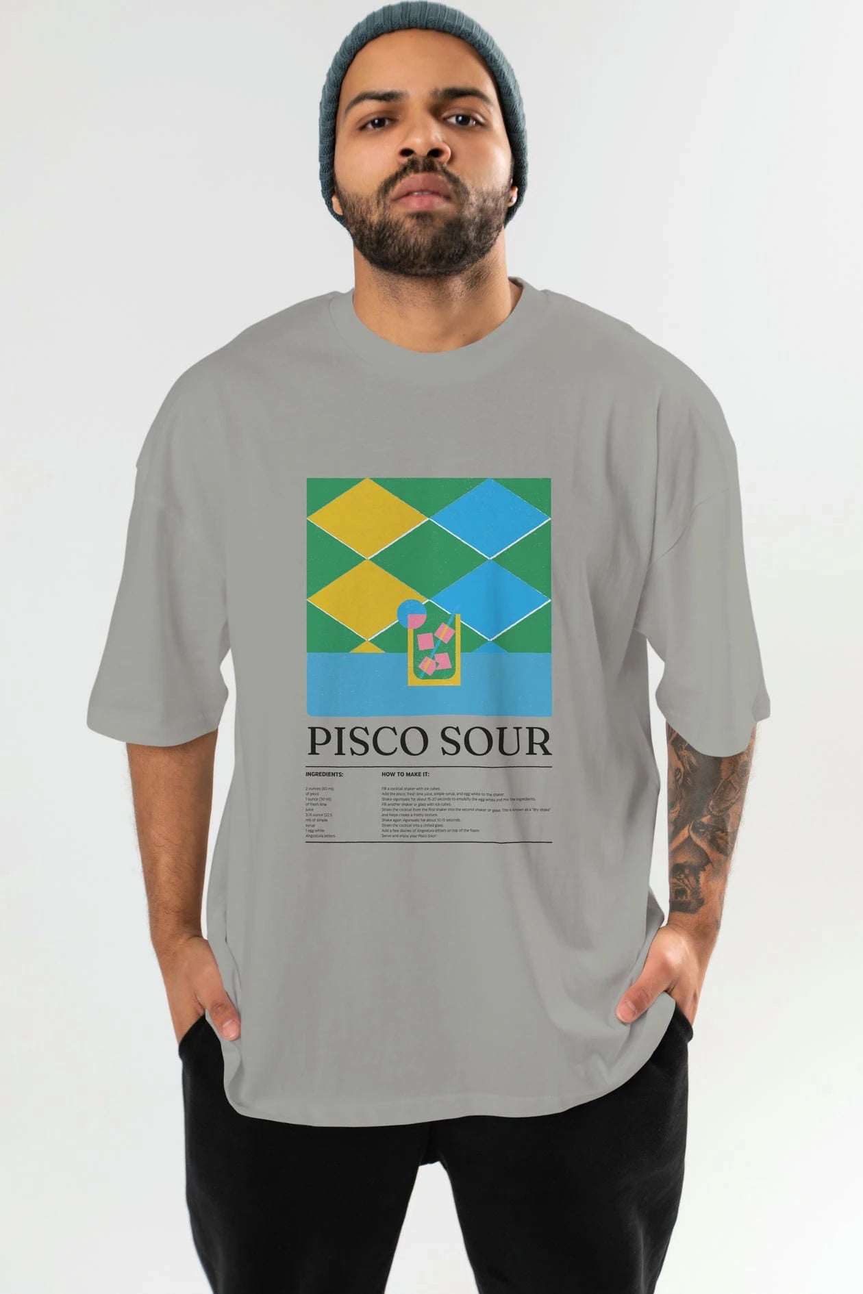 Pisco Sour Kokteyl Ön Baskılı Oversize t-shirt Erkek Kadın %100 Pamuk Bisiklet Yaka tişort