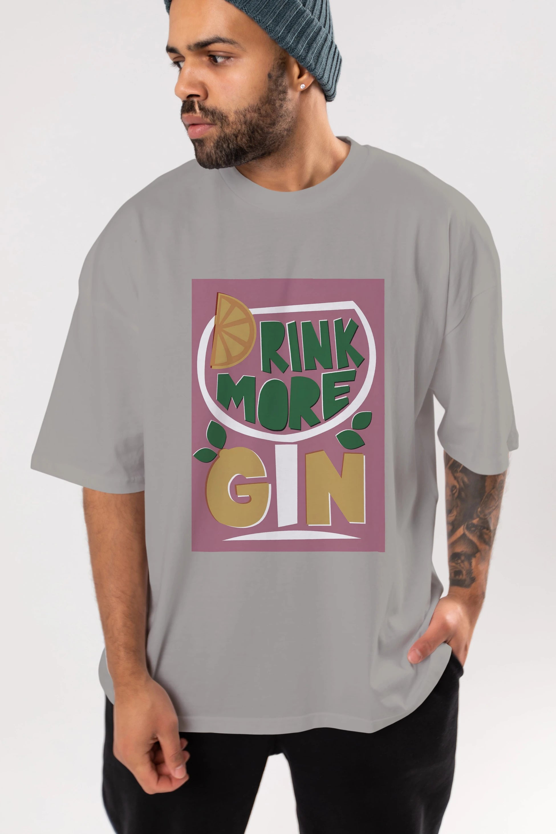 Drink More Gin Ön Baskılı Oversize t-shirt Erkek Kadın Unisex %100 Pamuk Bisiklet Yaka tişort