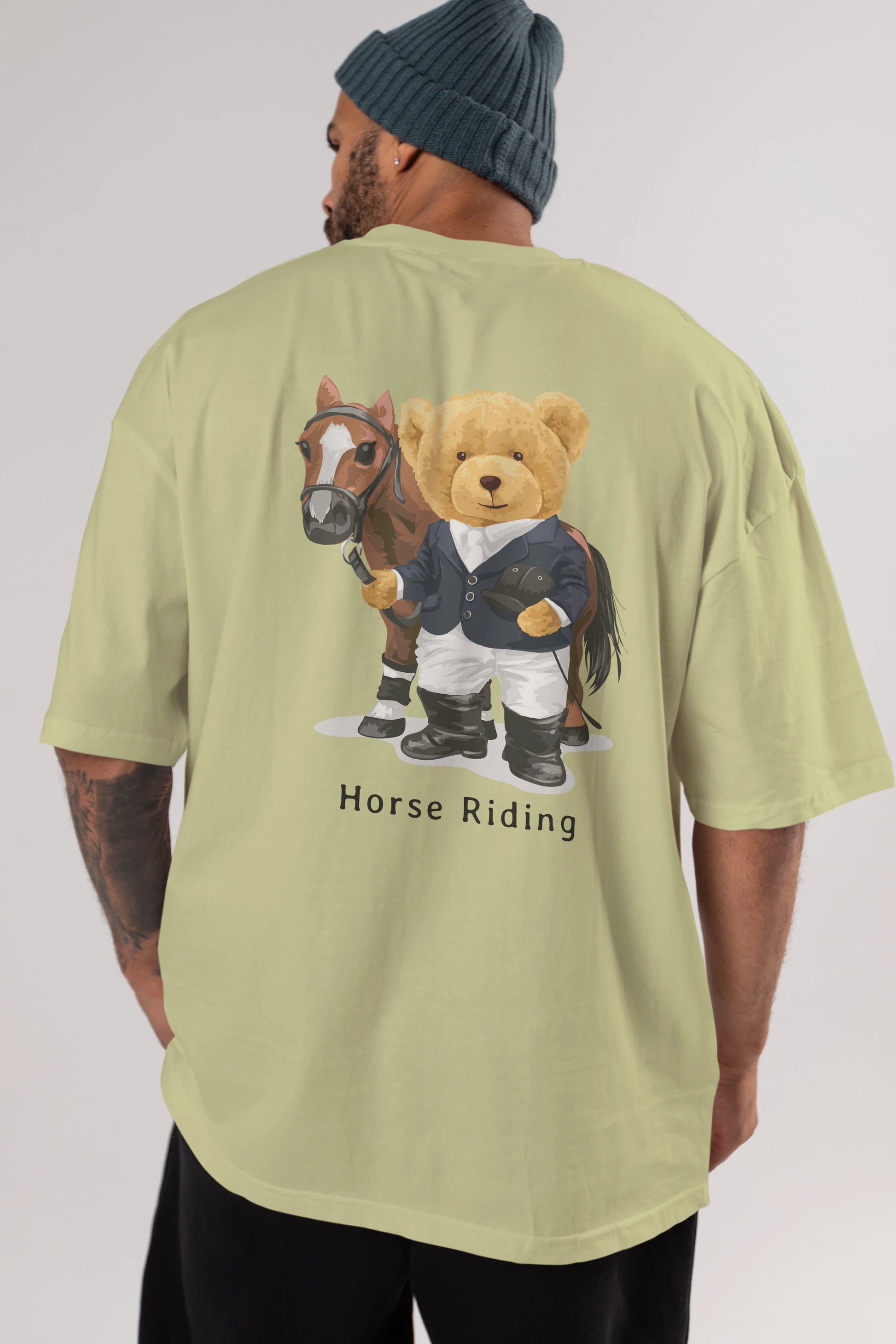 Teddy Bear Horse Riding Arka Baskılı Oversize t-shirt Erkek Kadın Unisex %100 Pamuk