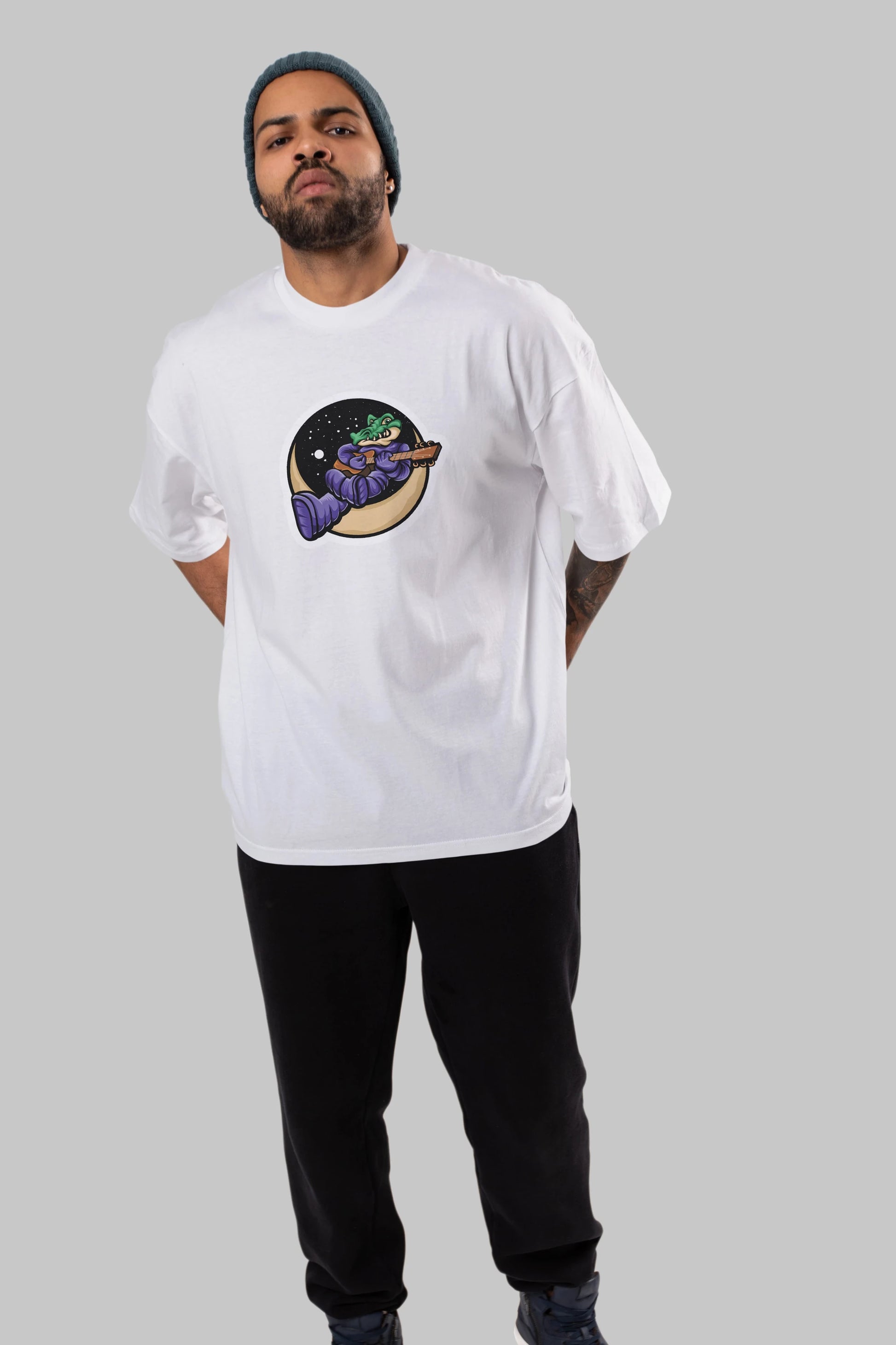 Space Crocodile Sticker Ön Baskılı Oversize t-shirt Erkek Kadın Unisex
