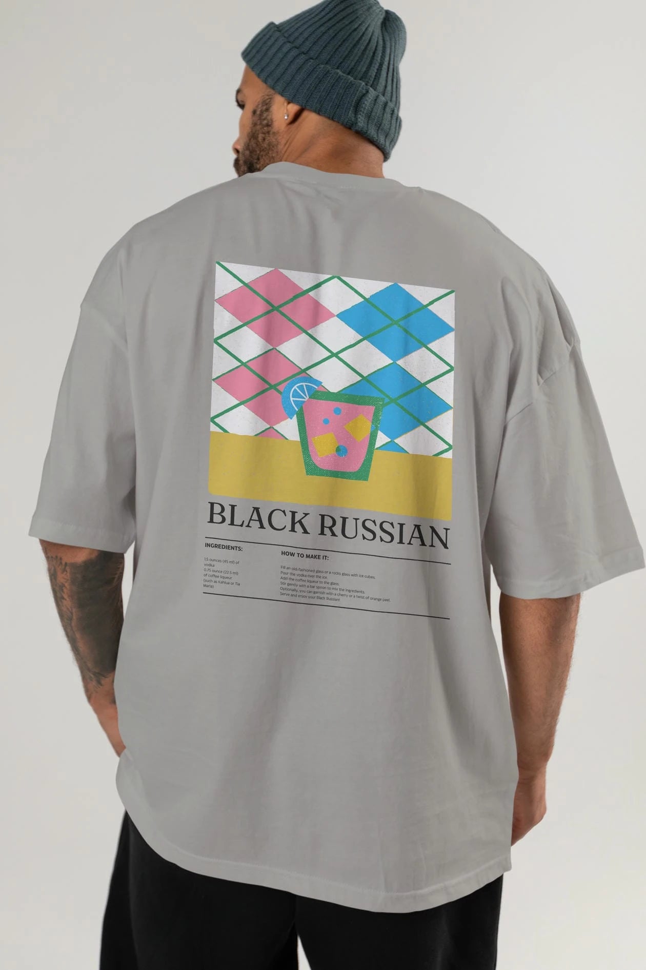 Black Russian Kokteyl Serisi Arka Baskılı Oversize t-shirt Erkek Kadın %100 Pamuk Bisiklet Yaka tişort