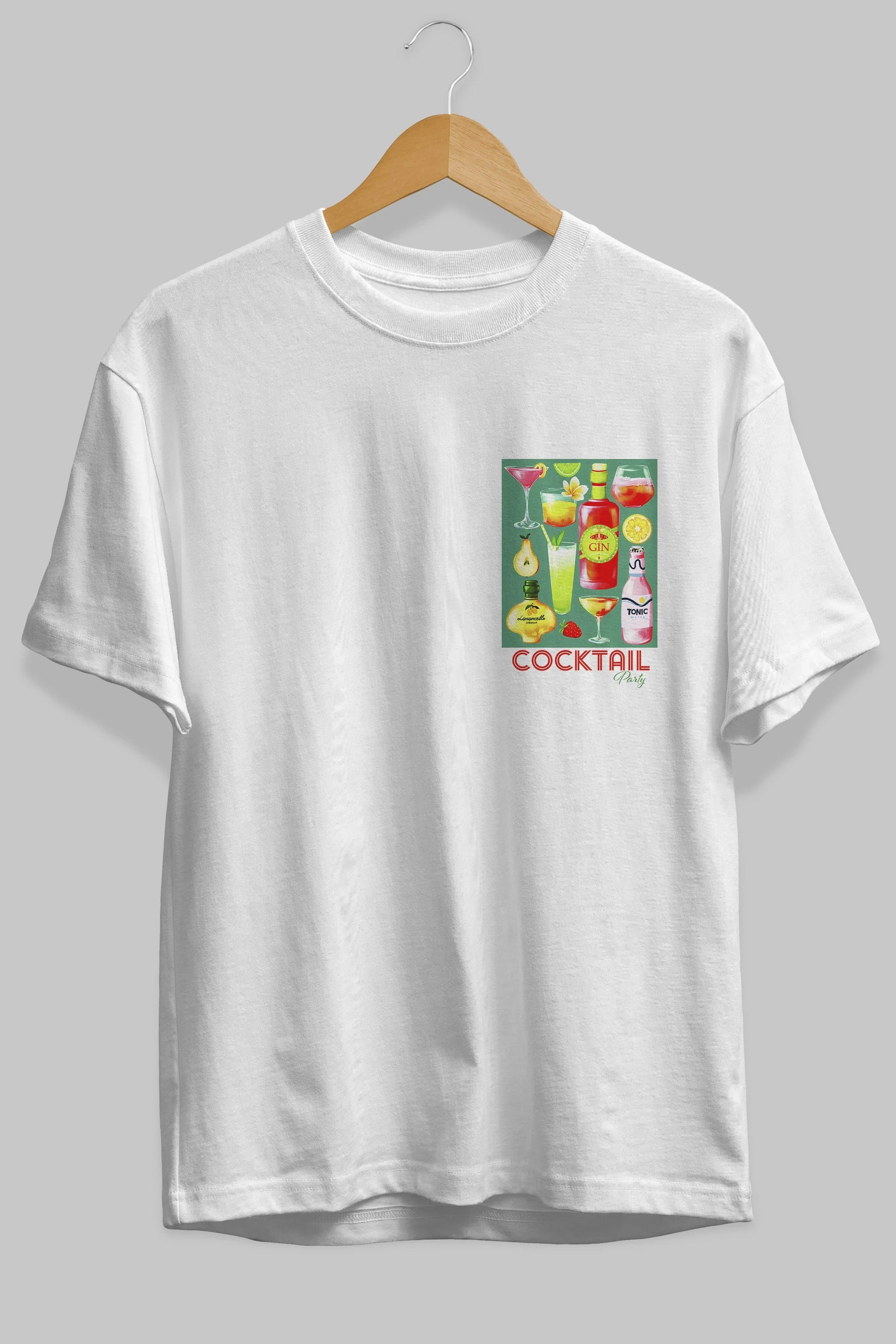 Cocktail Party 2 Ön Sol Baskılı Oversize t-shirt Erkek Kadın Unisex %100 Pamuk Bisiklet Yaka tişort