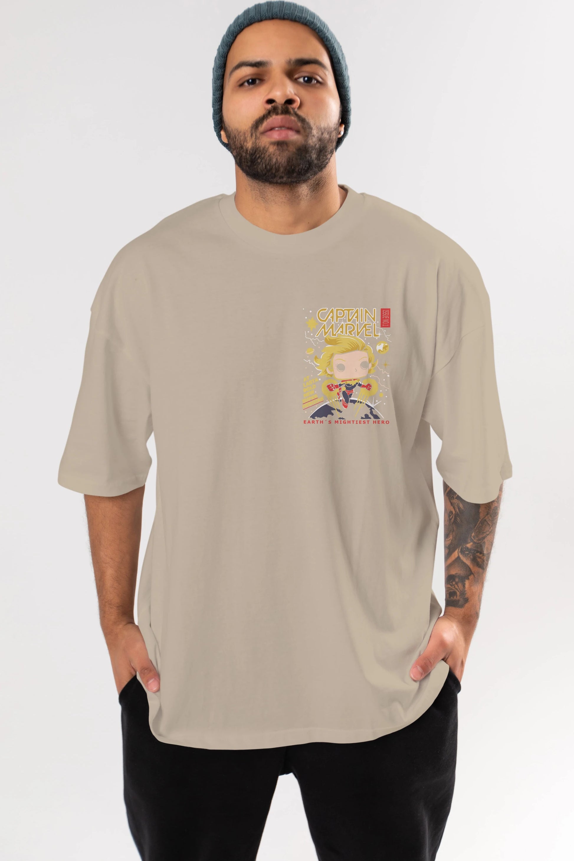 Captain Marvel Ön Sol Baskılı Oversize t-shirt Erkek Kadın Unisex %100 Pamuk Bisiklet Yaka tişort
