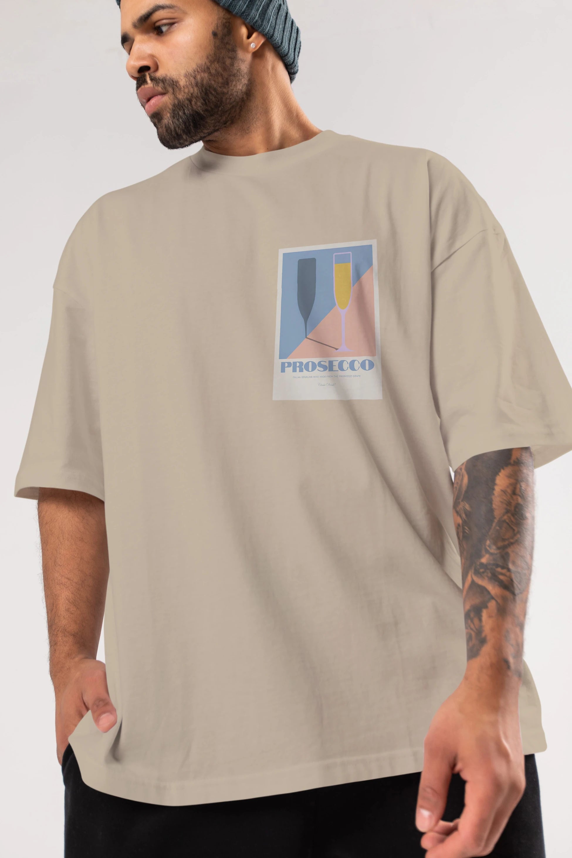 Prosecco Ön Sol Baskılı Oversize t-shirt Erkek Kadın Unisex %100 Pamuk Bisiklet Yaka tişort