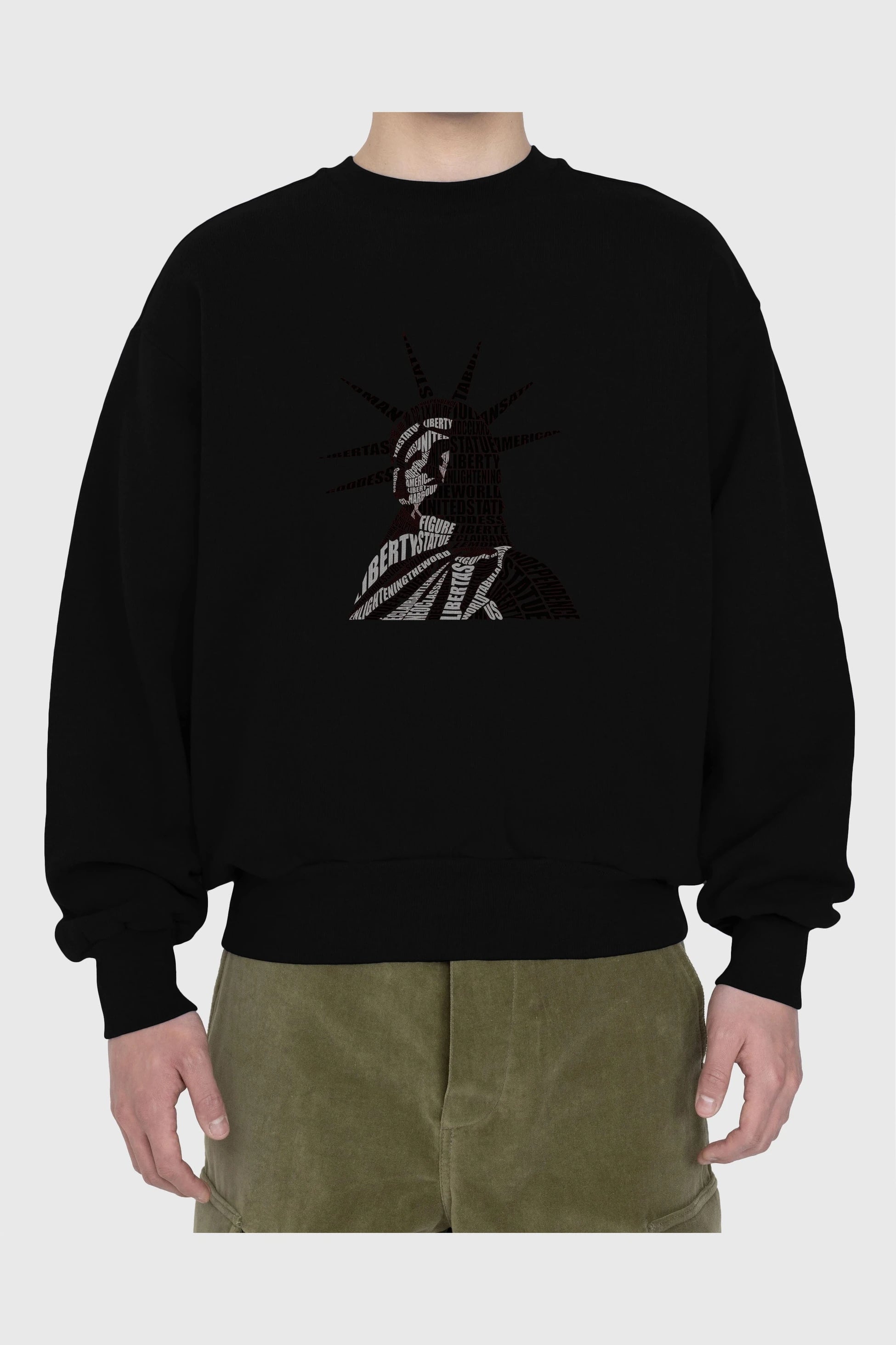 Liberty Statue Calligram Ön Baskılı Oversize Sweatshirt Erkek Kadın Unisex