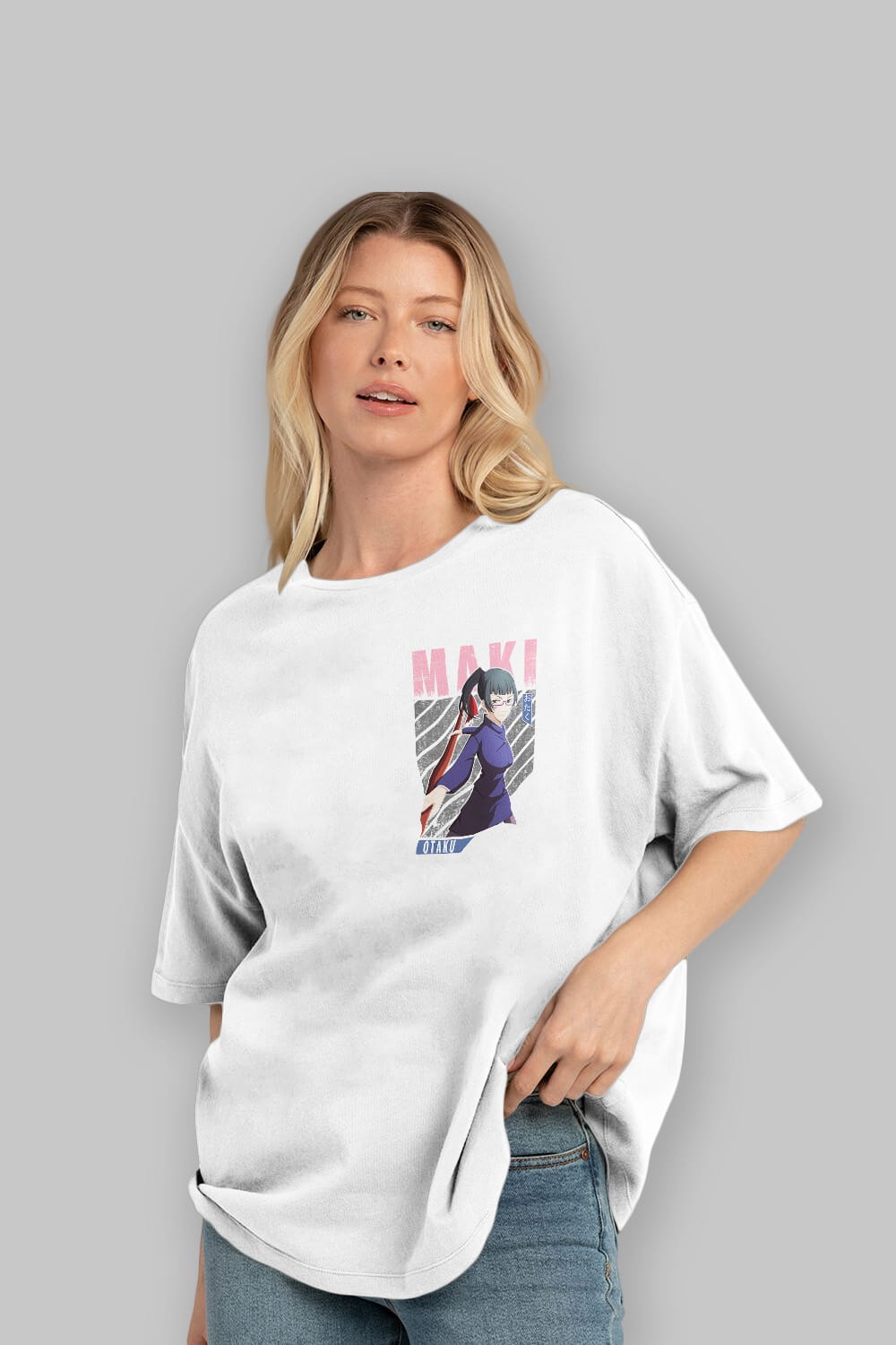 Maki Zenin CHAINSAWMAN Ön Sol Baskılı Oversize t-shirt Erkek Kadın Unisex %100 Pamuk Bisiklet Yaka tişort