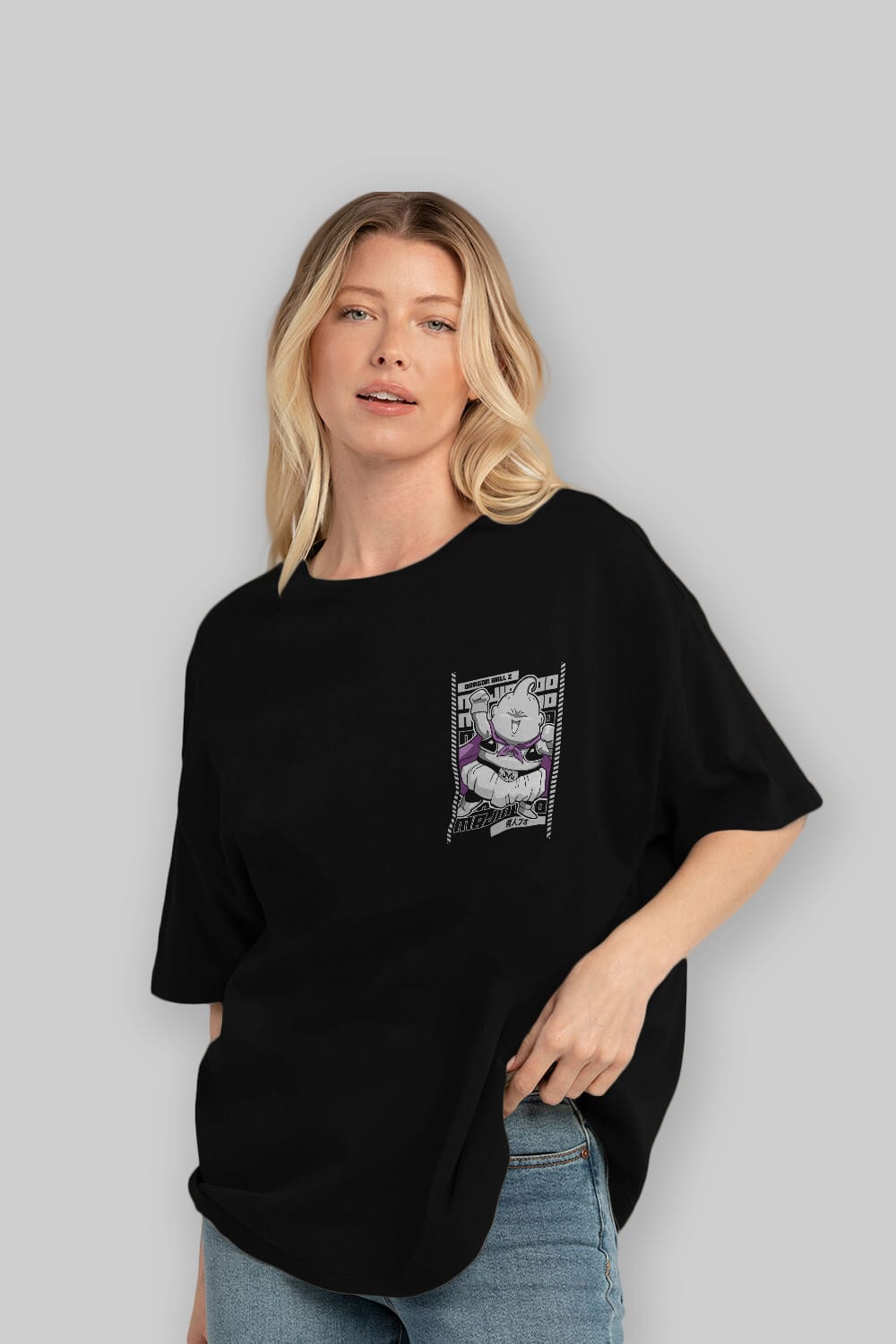 MAJIN BOO2 Ön Sol Baskılı Oversize t-shirt Erkek Kadın Unisex %100 Pamuk Bisiklet Yaka tişort
