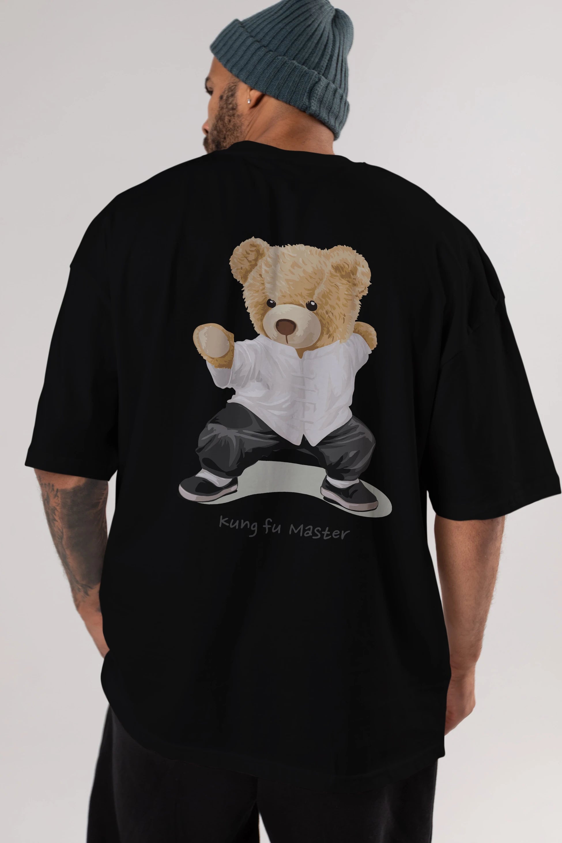 Teddy Bear Kung Fu Master Arka Baskılı Oversize t-shirt Erkek Kadın Unisex %100 Pamuk