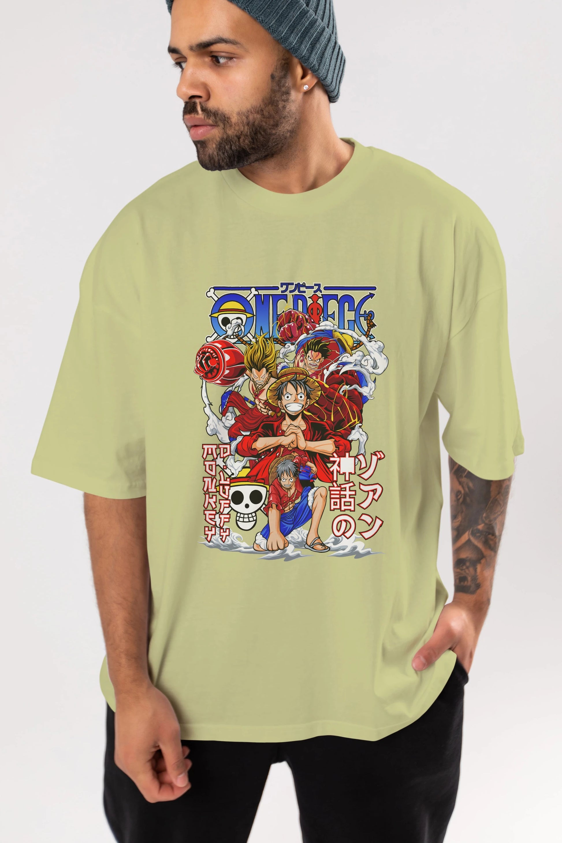 MONKEY D. LUFF-ONE PIECE 2 Anime Ön Baskılı Oversize t-shirt %100 pamuk Erkek Kadın Unisex