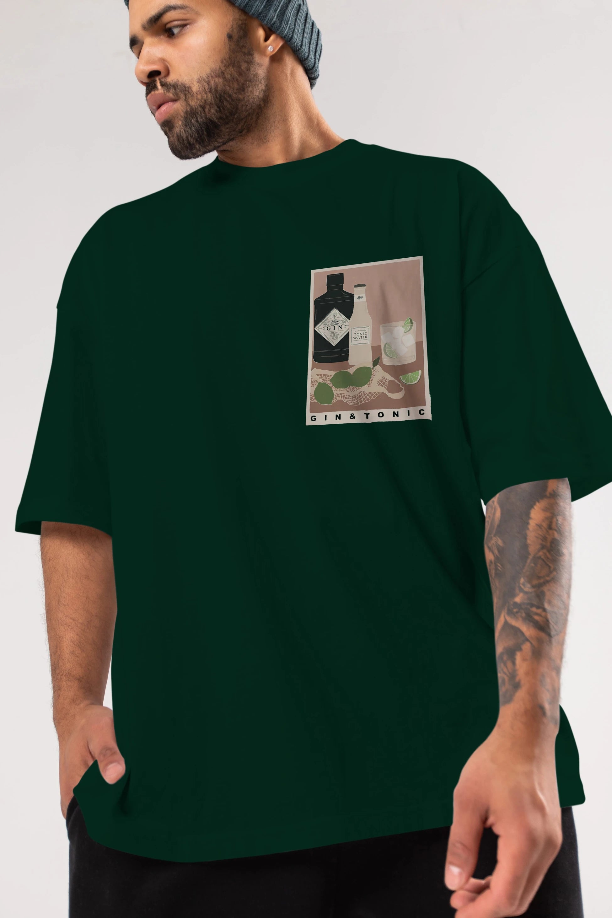 Gin Tonic Ön Sol Baskılı Oversize t-shirt Erkek Kadın Unisex %100 Pamuk Bisiklet Yaka tişort