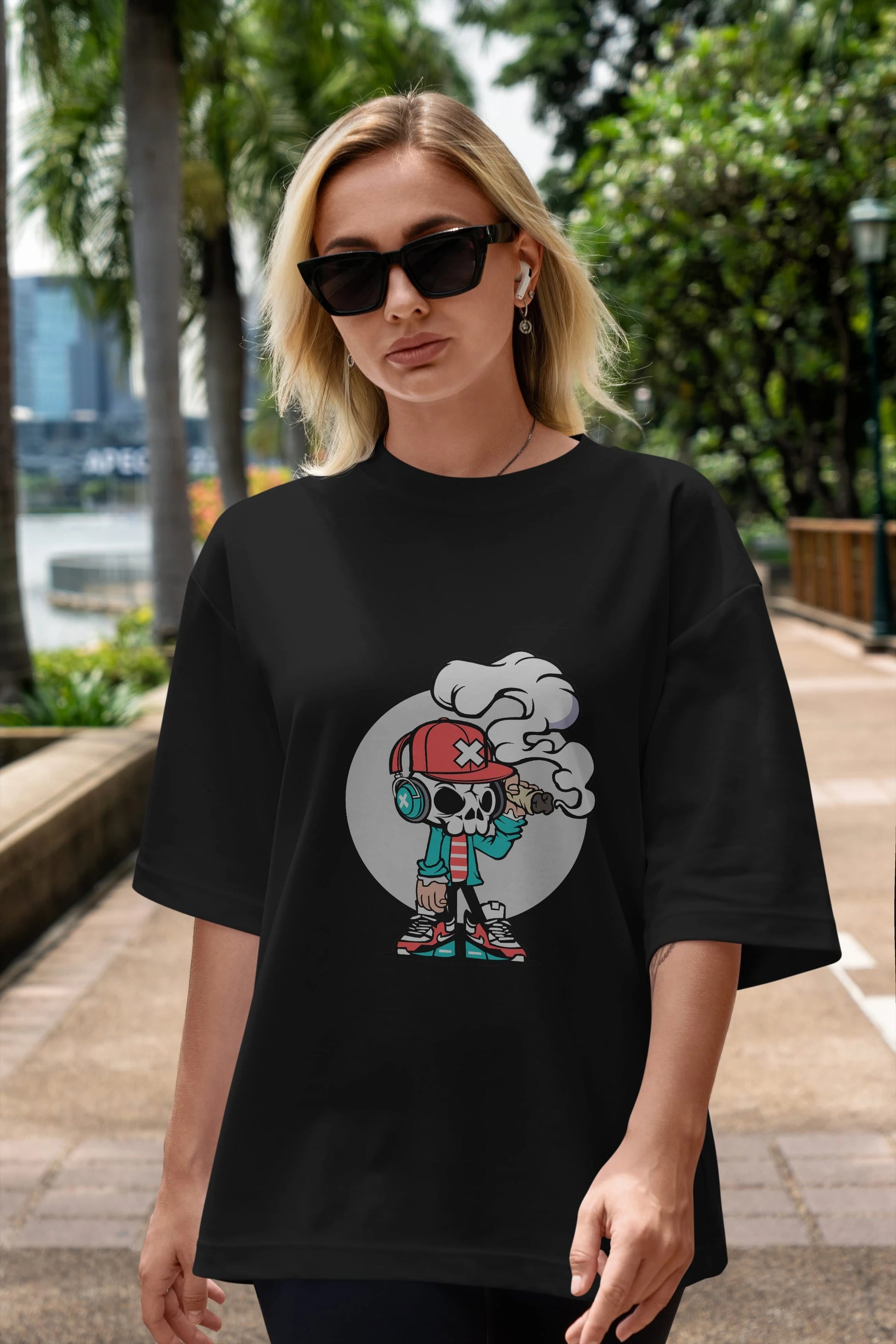 Skull Headphone Ön Baskılı Oversize t-shirt Erkek Kadın Unisex %100 Pamuk tişort
