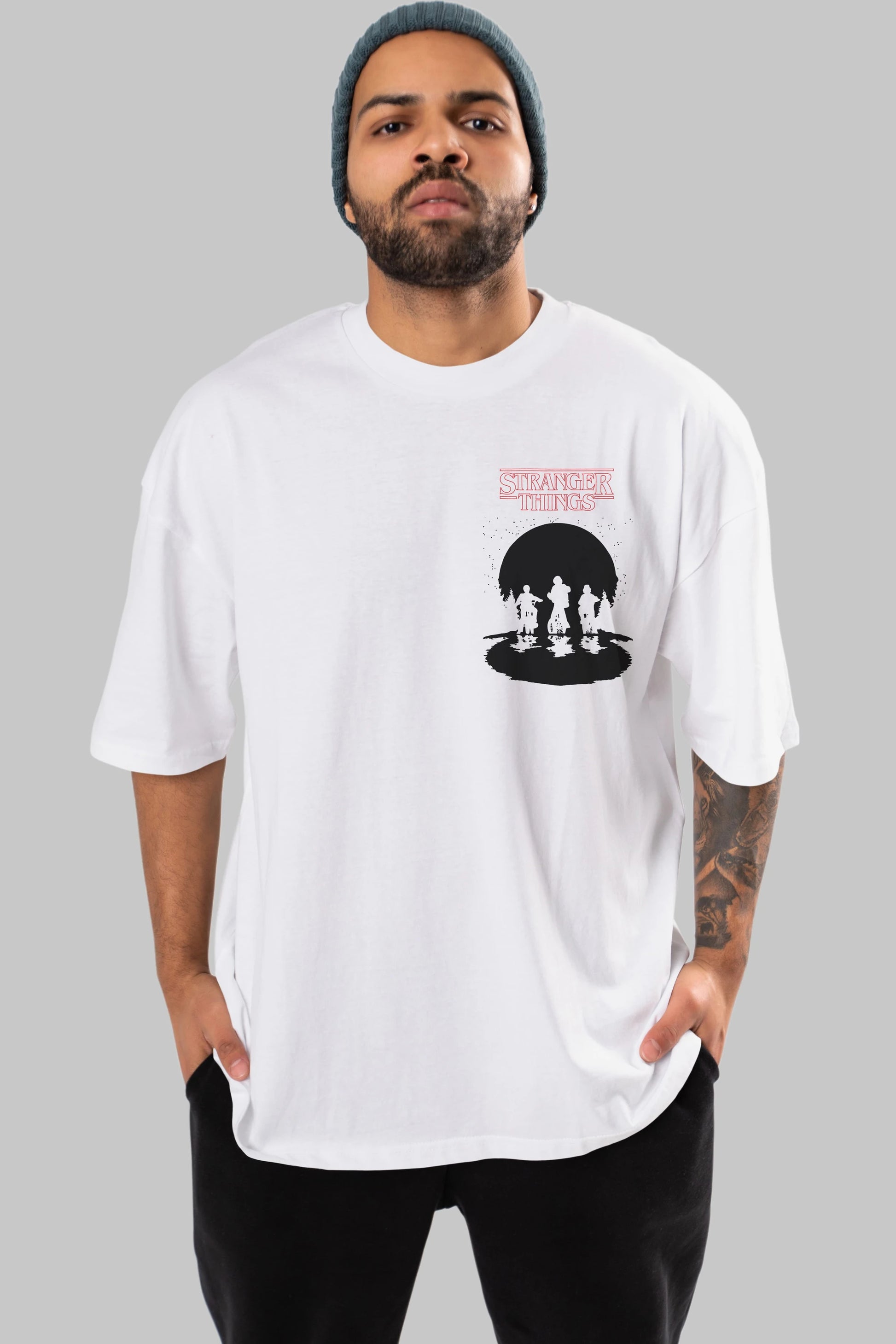 Stranger Things Ön Sol Baskılı Oversize t-shirt Erkek Kadın Unisex %100 Pamuk Bisiklet Yaka tişort