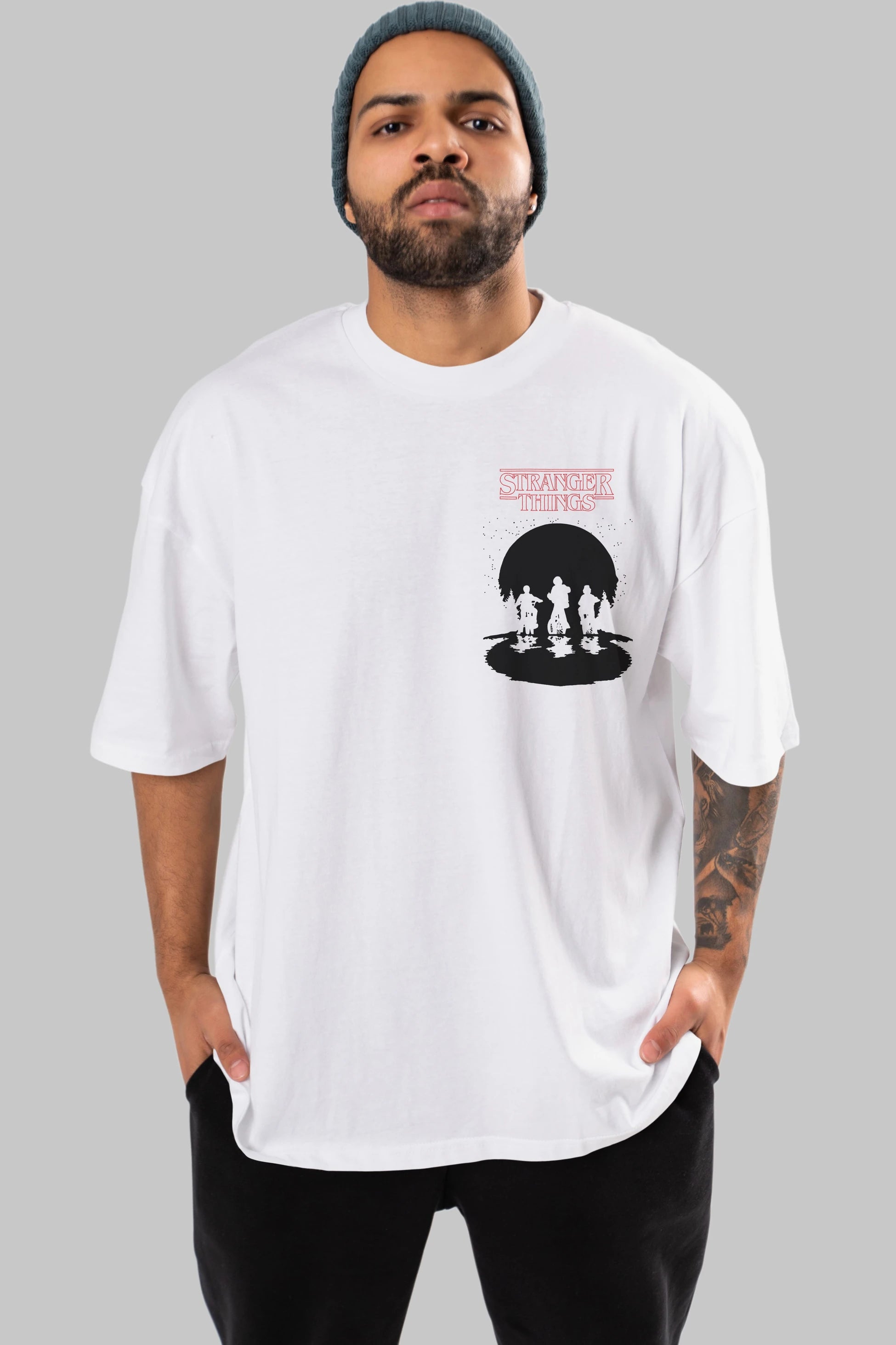 Stranger Things Ön Sol Baskılı Oversize t-shirt Erkek Kadın Unisex %100 Pamuk Bisiklet Yaka tişort
