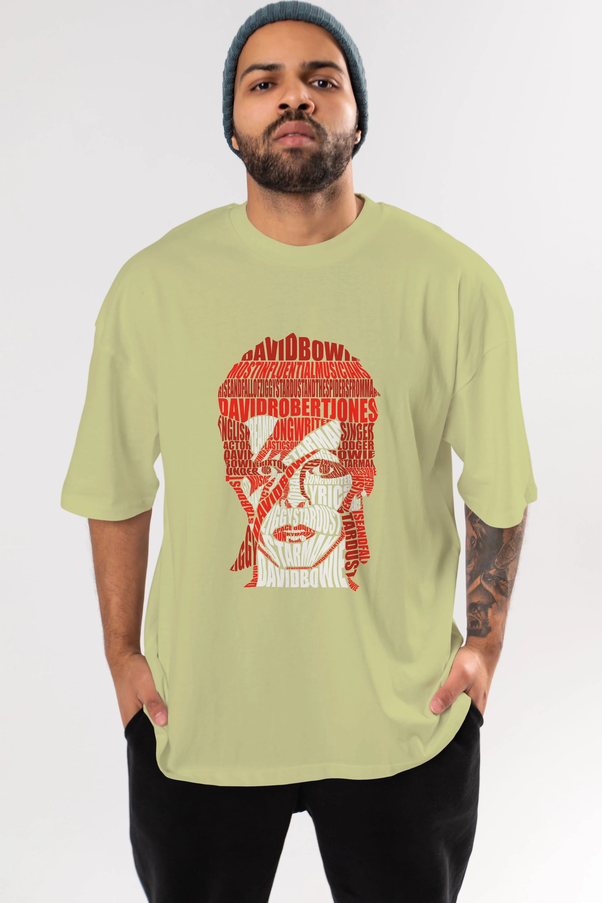 David Bowie Calligram Ön Baskılı Oversize t-shirt %100 pamuk Erkek Kadın Unisex