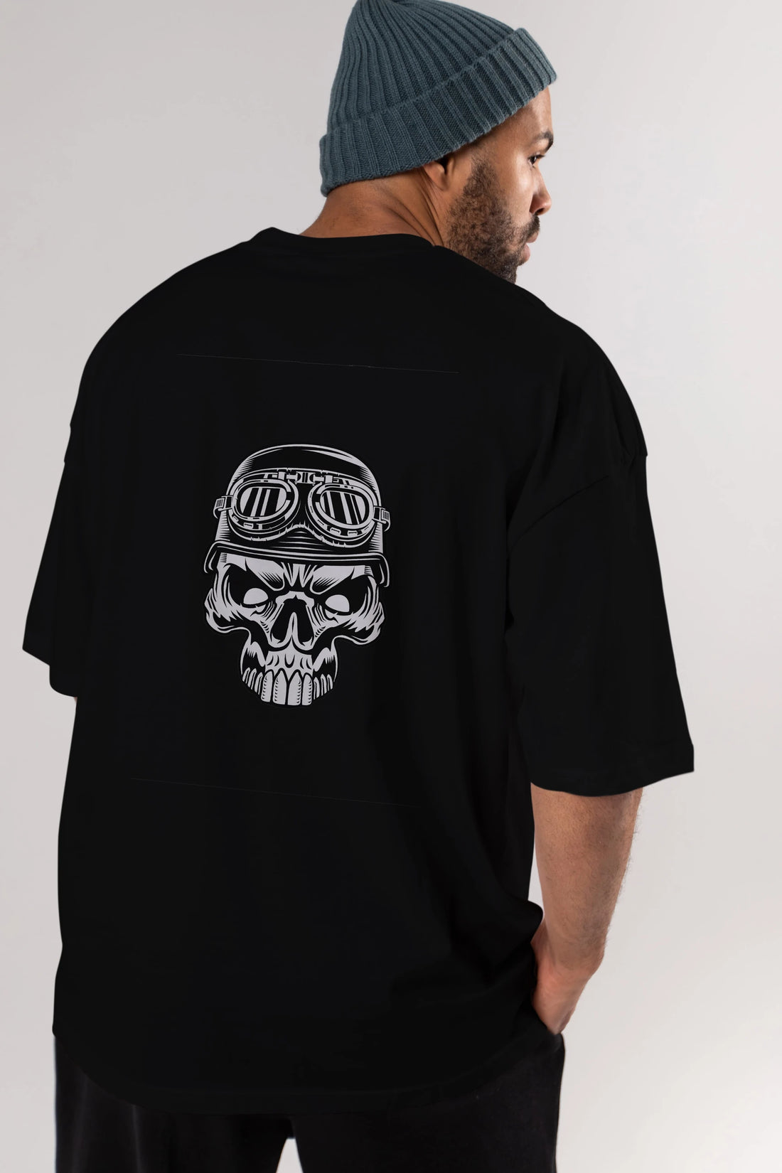 Biker Skull Helmet Arka Baskılı Oversize t-shirt Erkek Kadın Unisex %100 Pamuk tişort