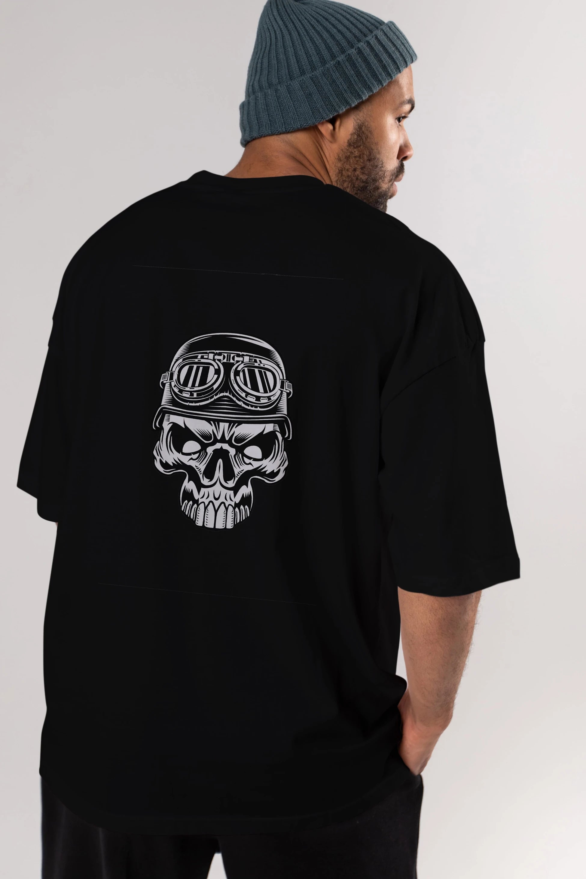 Biker Skull Helmet Arka Baskılı Oversize t-shirt Erkek Kadın Unisex %100 Pamuk tişort