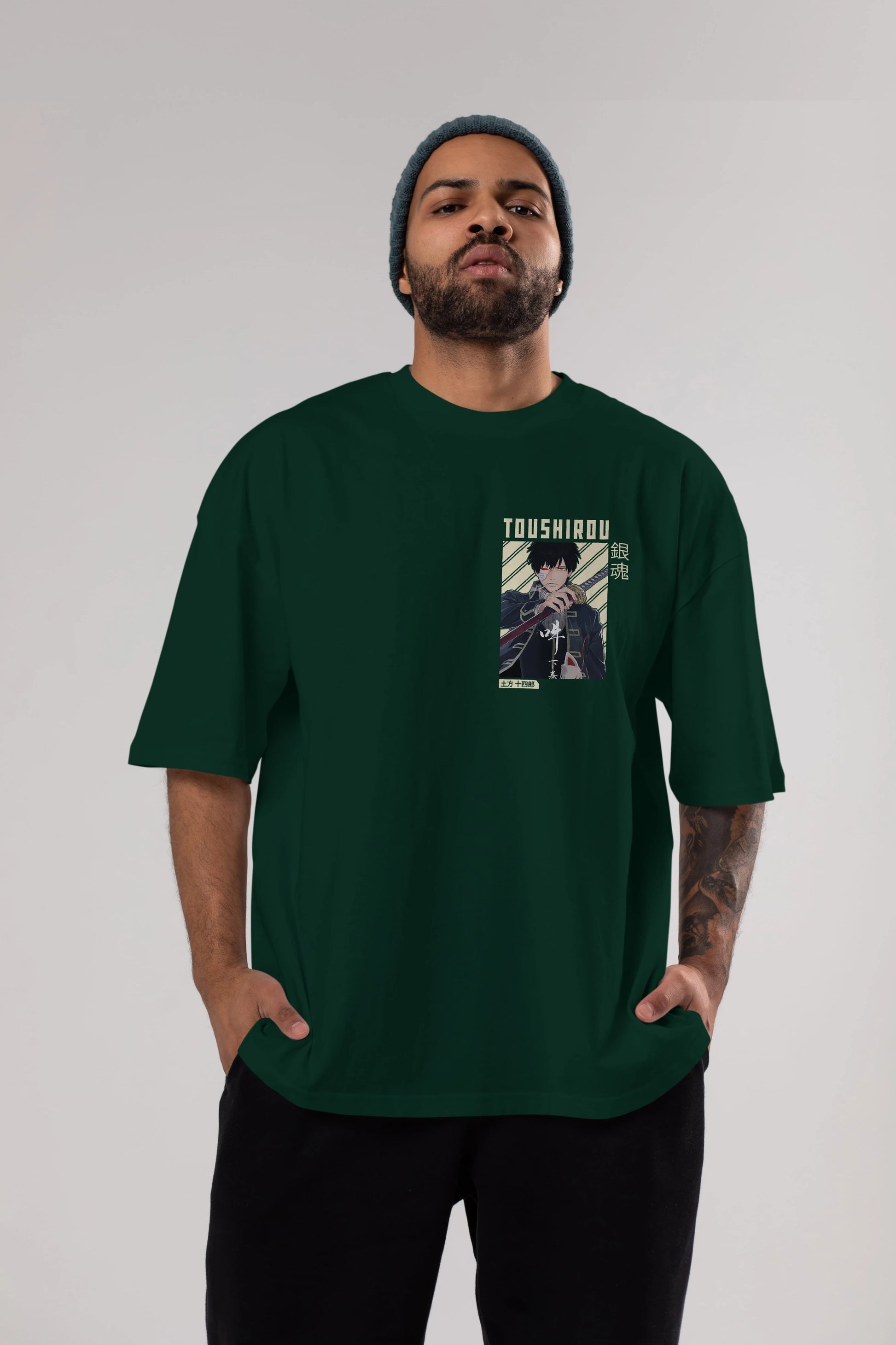 Toushirou Hijikata Ön Sol Baskılı Oversize t-shirt Erkek Kadın Unisex %100 Pamuk Bisiklet Yaka tişort