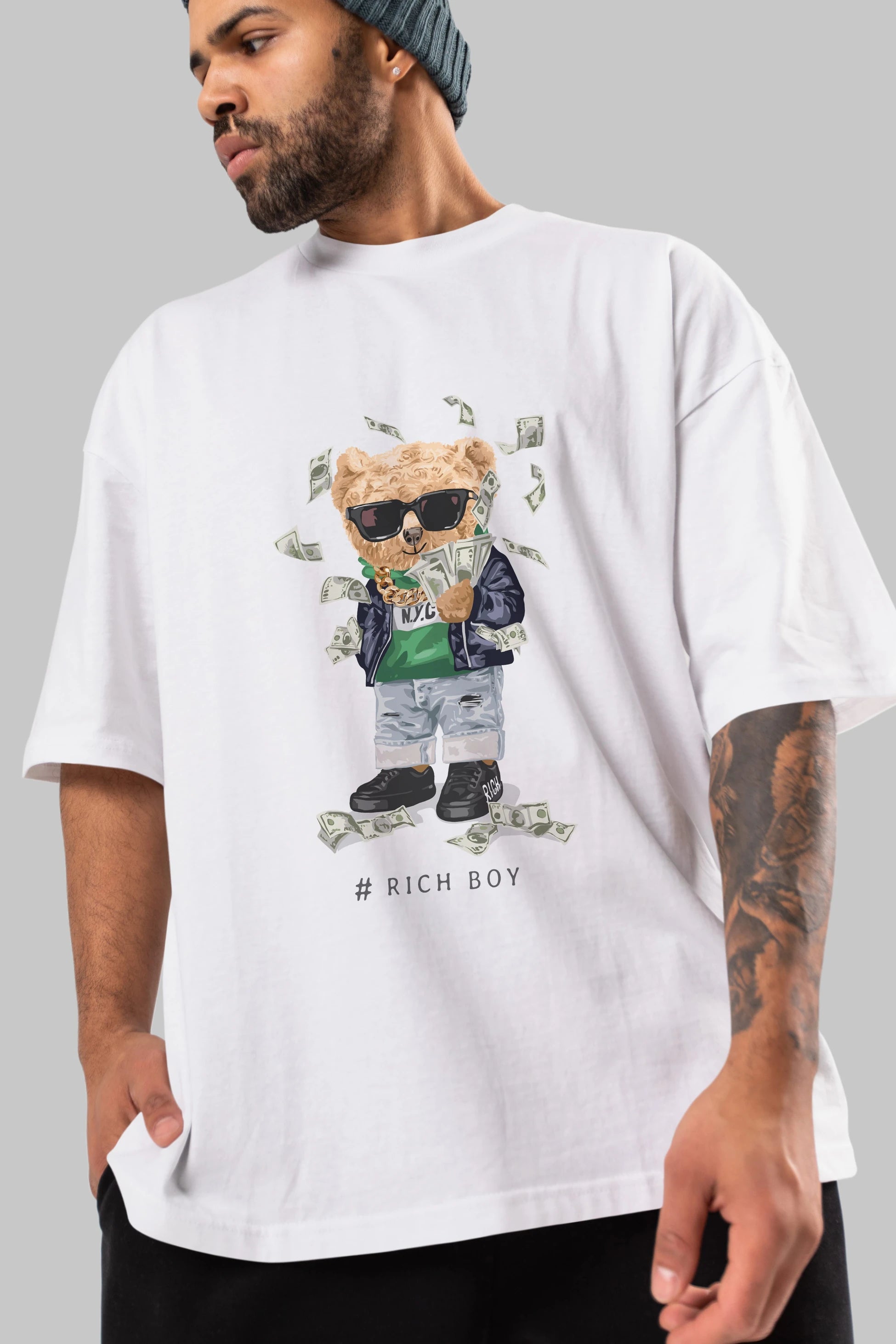 Teddy Bear Rich Boy Ön Baskılı Oversize t-shirt Erkek Kadın Unisex %100 Pamuk