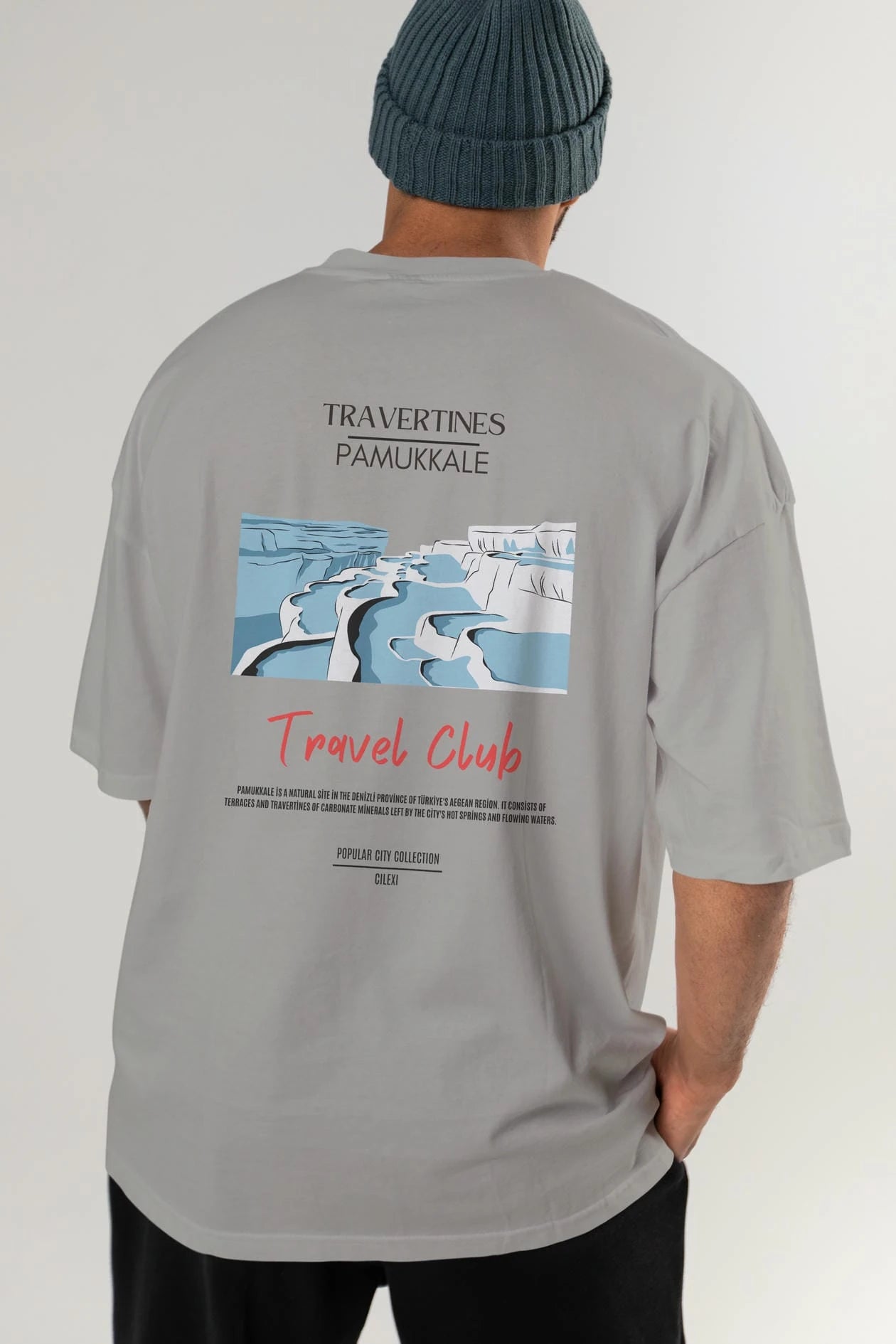 Travertines Pamukkale Arka Baskılı Oversize t-shirt Erkek Kadın Pamuk Bisiklet Yaka tişort