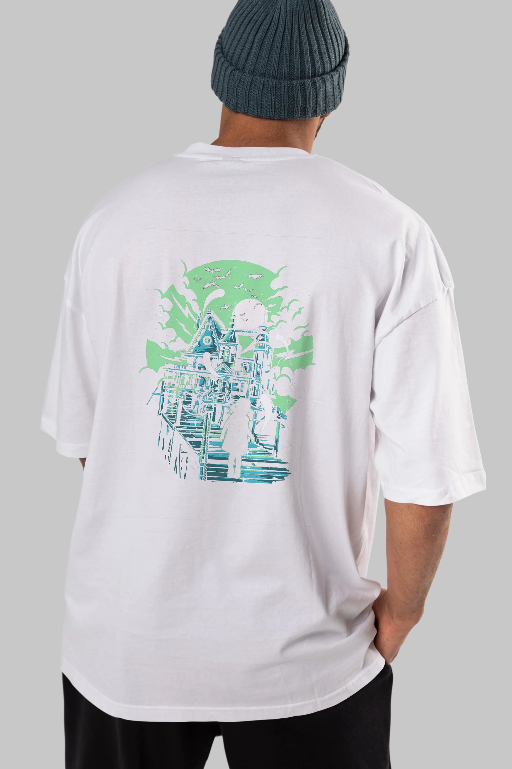 Haunted House Arka Baskılı Oversize t-shirt Erkek Kadın Unisex %100 Pamuk