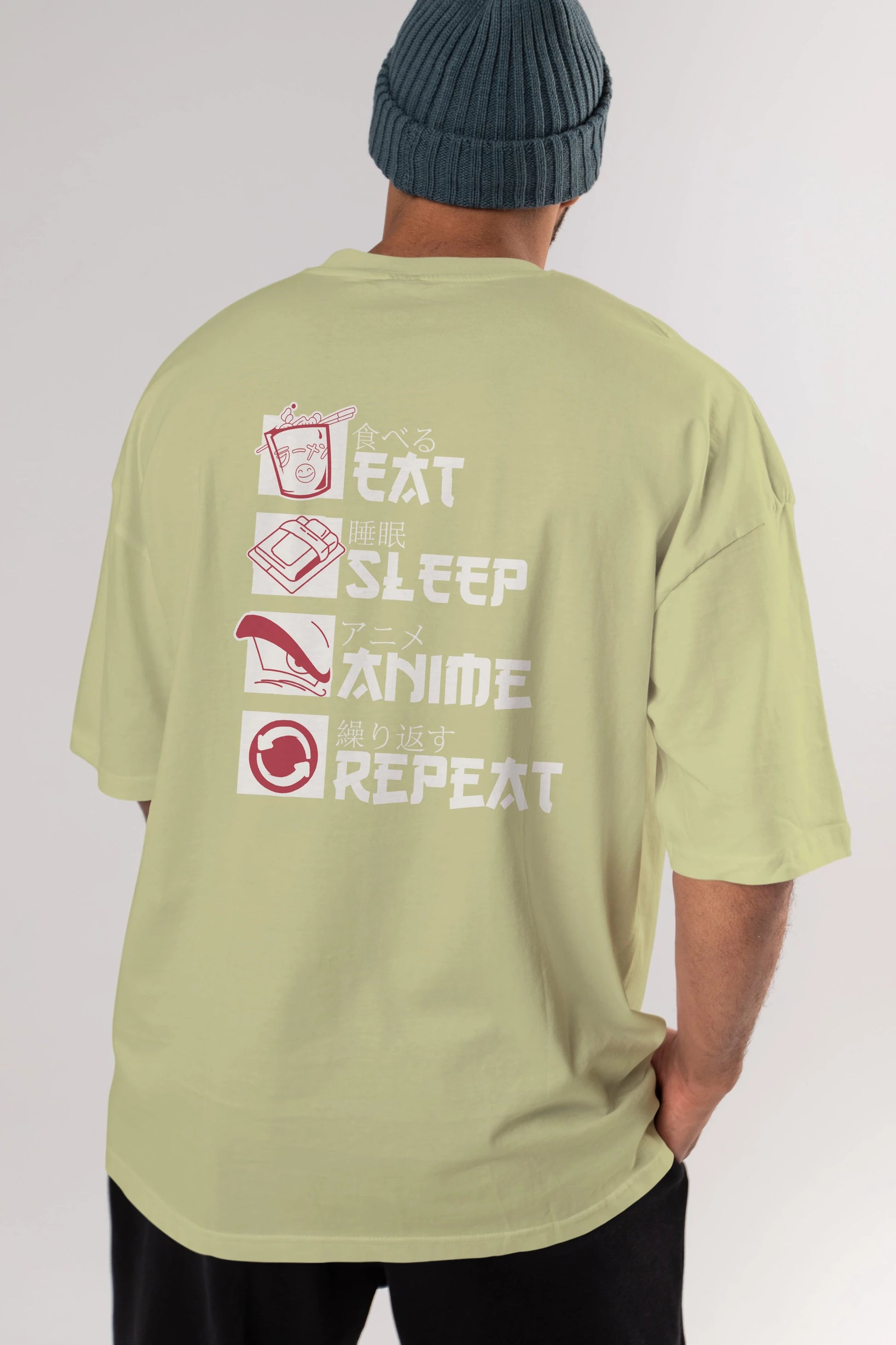 Eat, Sleep, Anime, Repeat Anime Arka Baskılı Oversize t-shirt Erkek Kadın Unisex