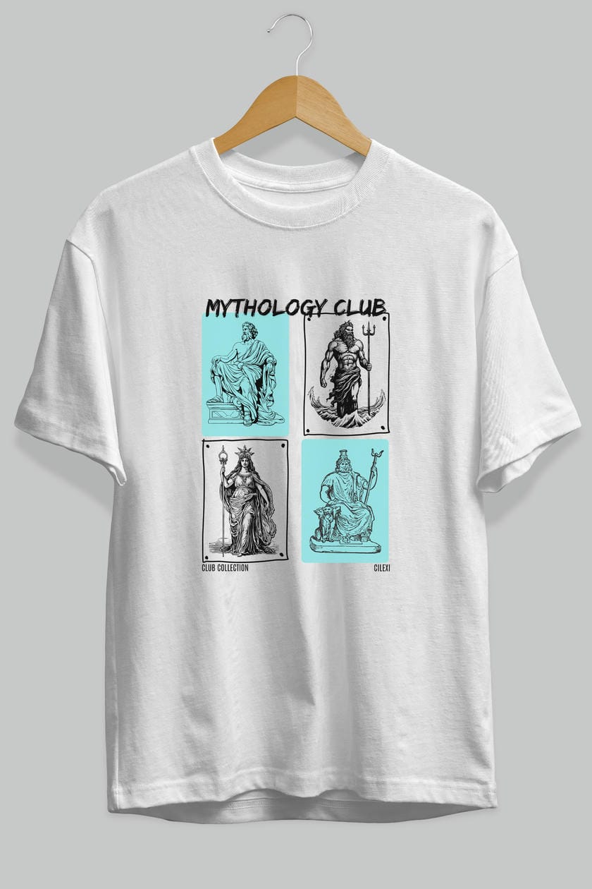 Mythology Club ön Baskılı Oversize t-shirt Erkek Kadın %100 Pamuk Bisiklet Yaka tişort