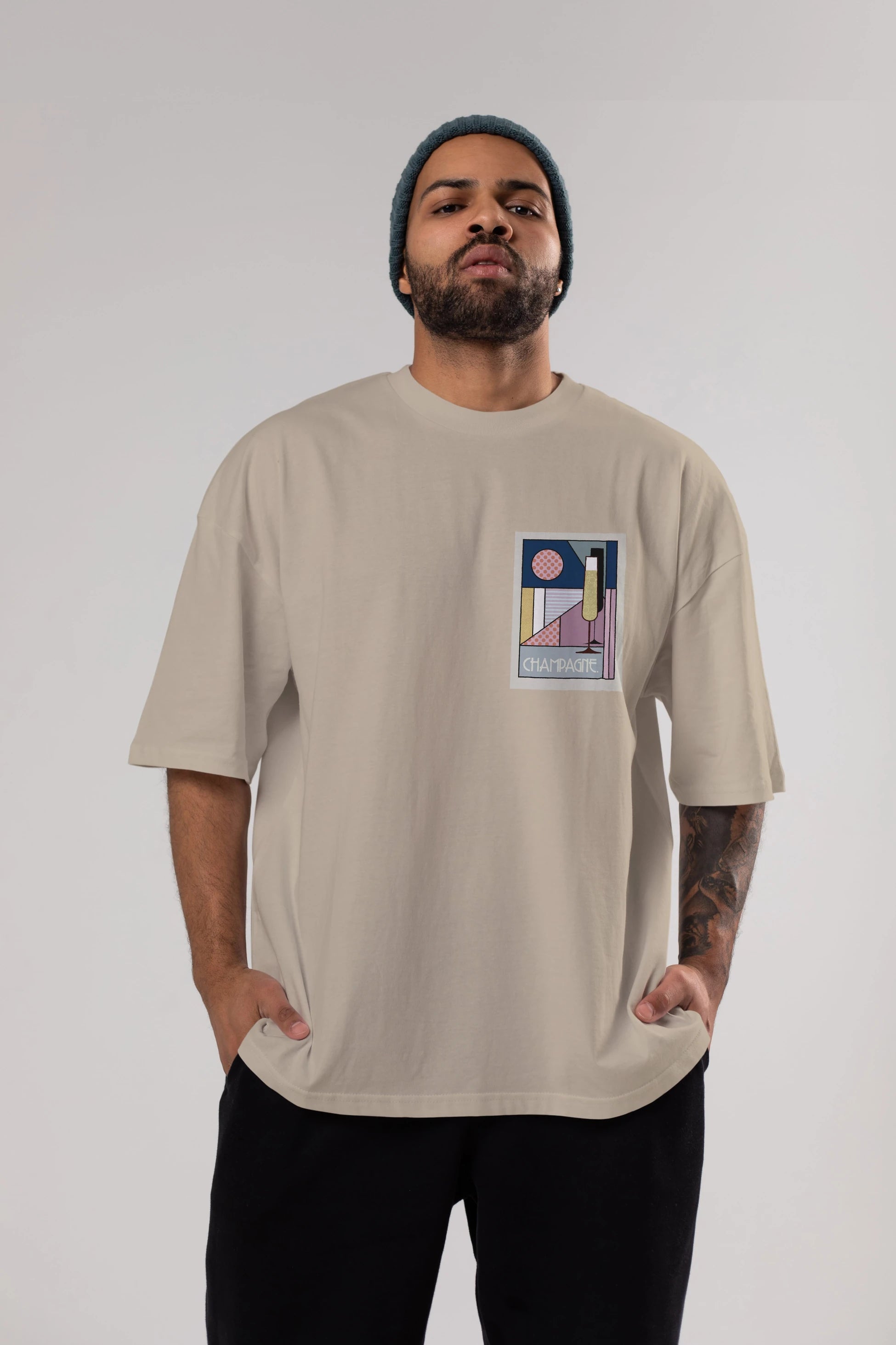 Champagne Ön Sol Baskılı Oversize t-shirt Erkek Kadın Unisex %100 Pamuk Bisiklet Yaka tişort