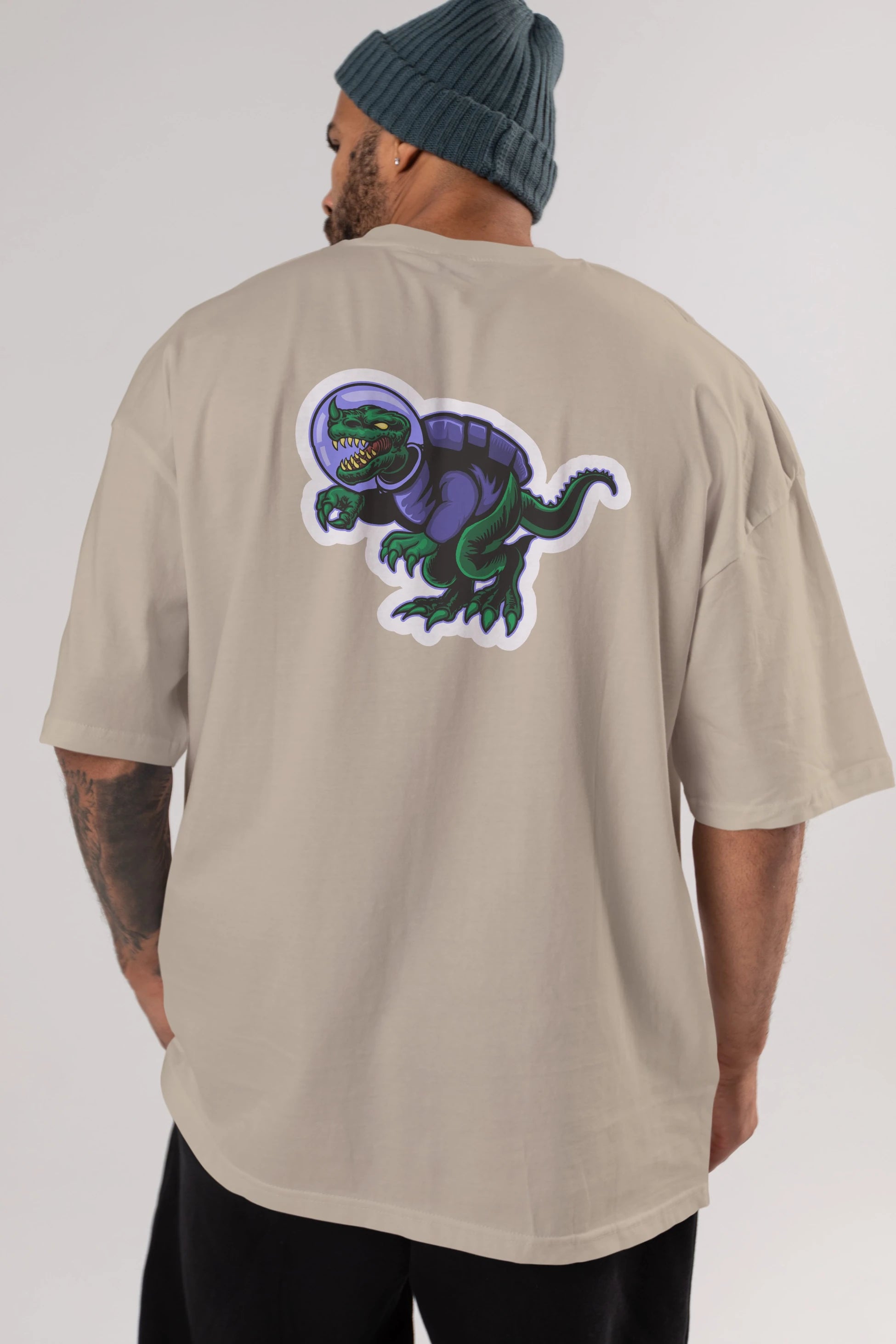 Space Dino Sticker Arka Baskılı Oversize t-shirt Erkek Kadın Unisex
