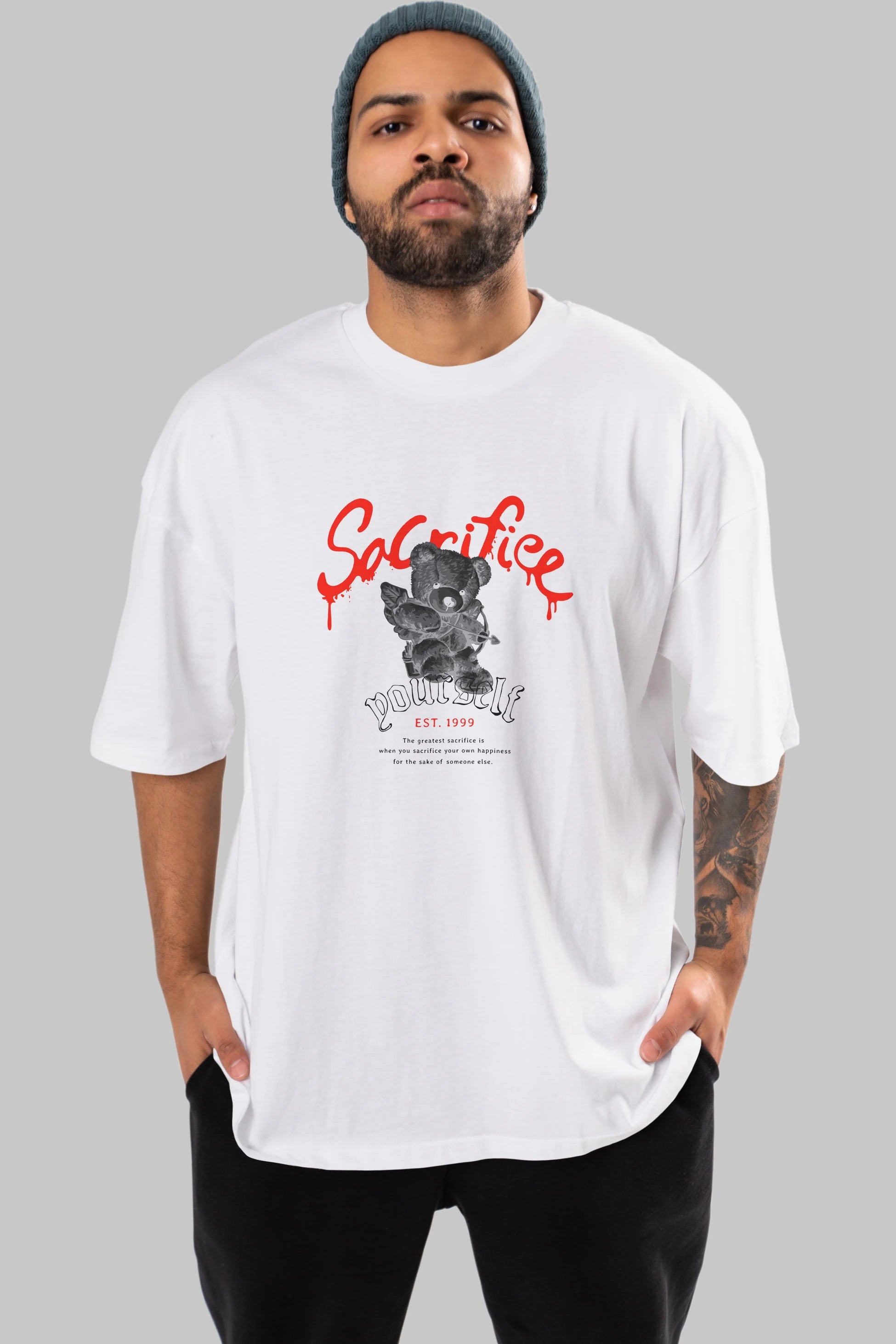 Sacrifice Yourself Bear Ön Baskılı Oversize t-shirt Erkek Kadın Unisex