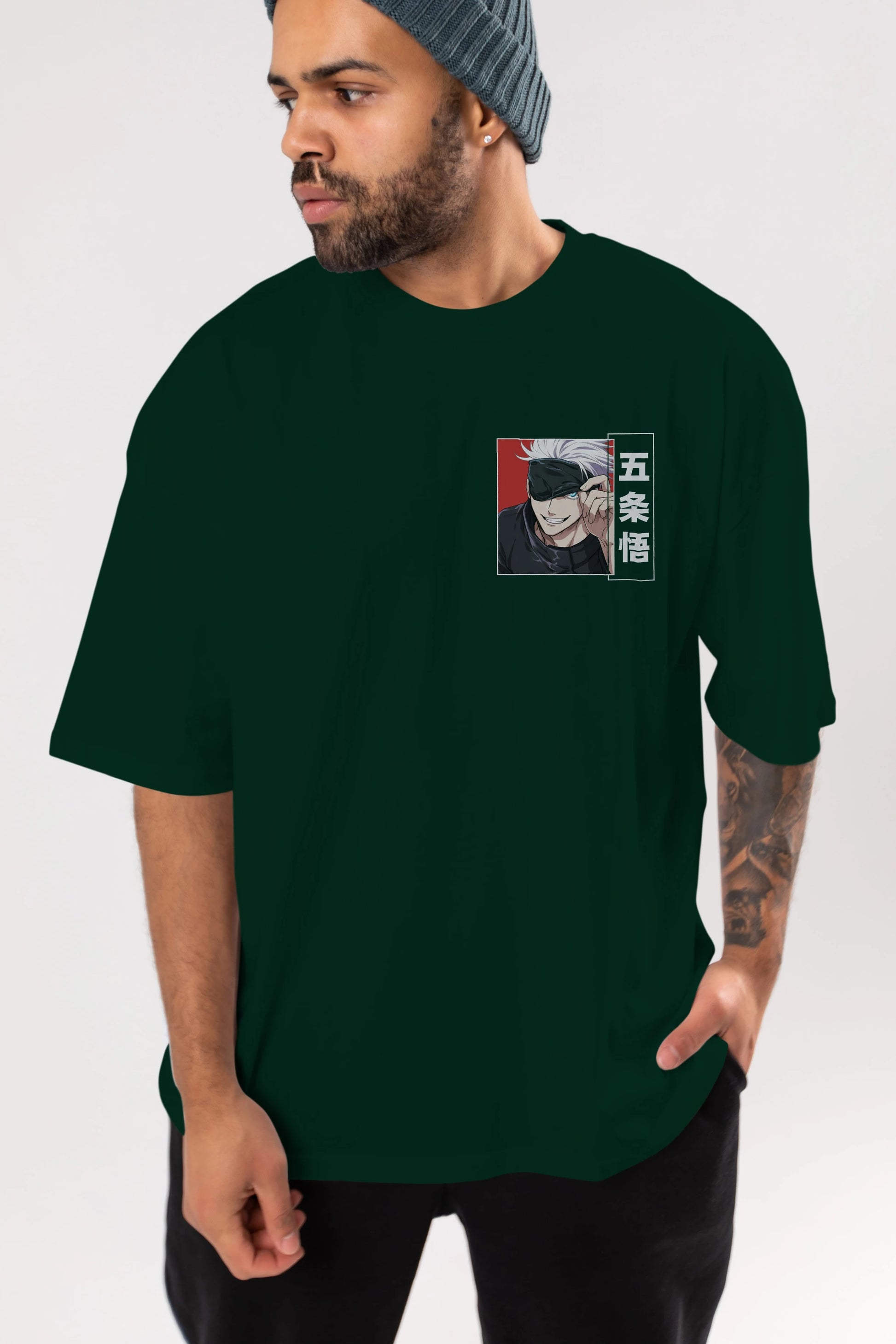 JUJUTSU KAISEN Ön Sol Baskılı Oversize t-shirt Erkek Kadın Unisex %100 Pamuk Bisiklet Yaka tişort