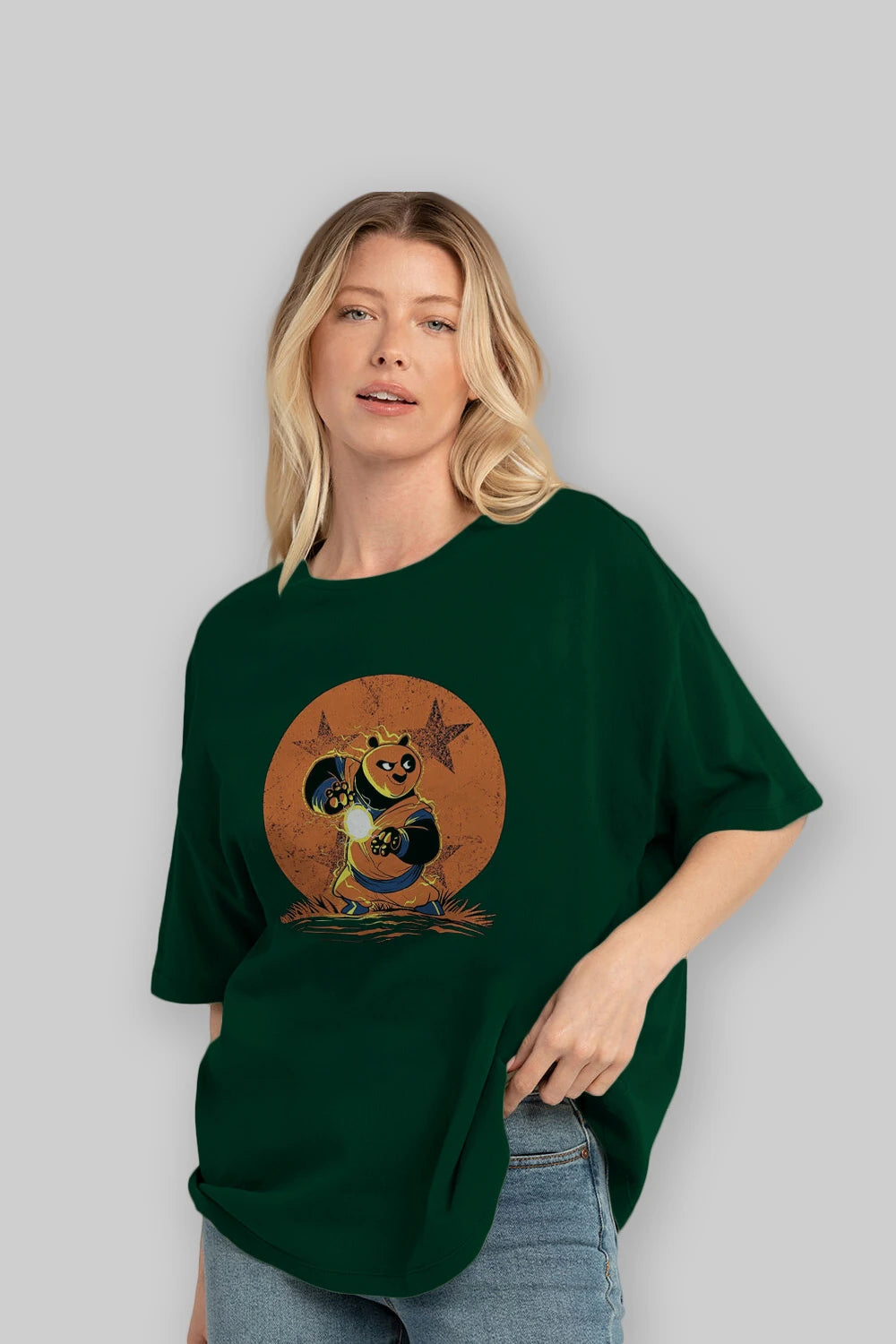 Kung Fu Panda Ön Baskılı Oversize t-shirt Erkek Kadın Unisex %100 Pamuk Bisiklet Yaka tişort