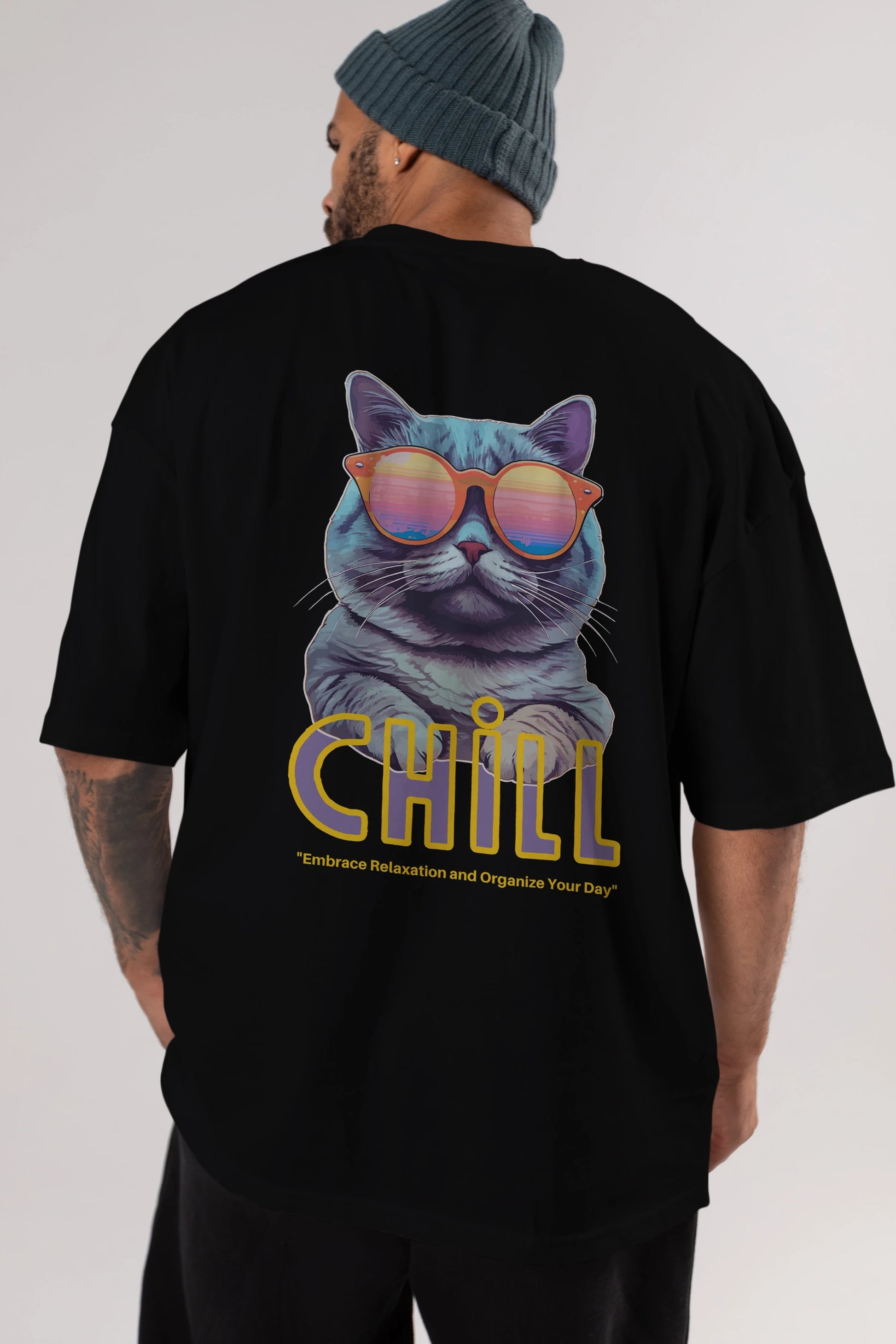Chill Cat Arka Baskılı Oversize t-shirt Erkek Kadın Unisex