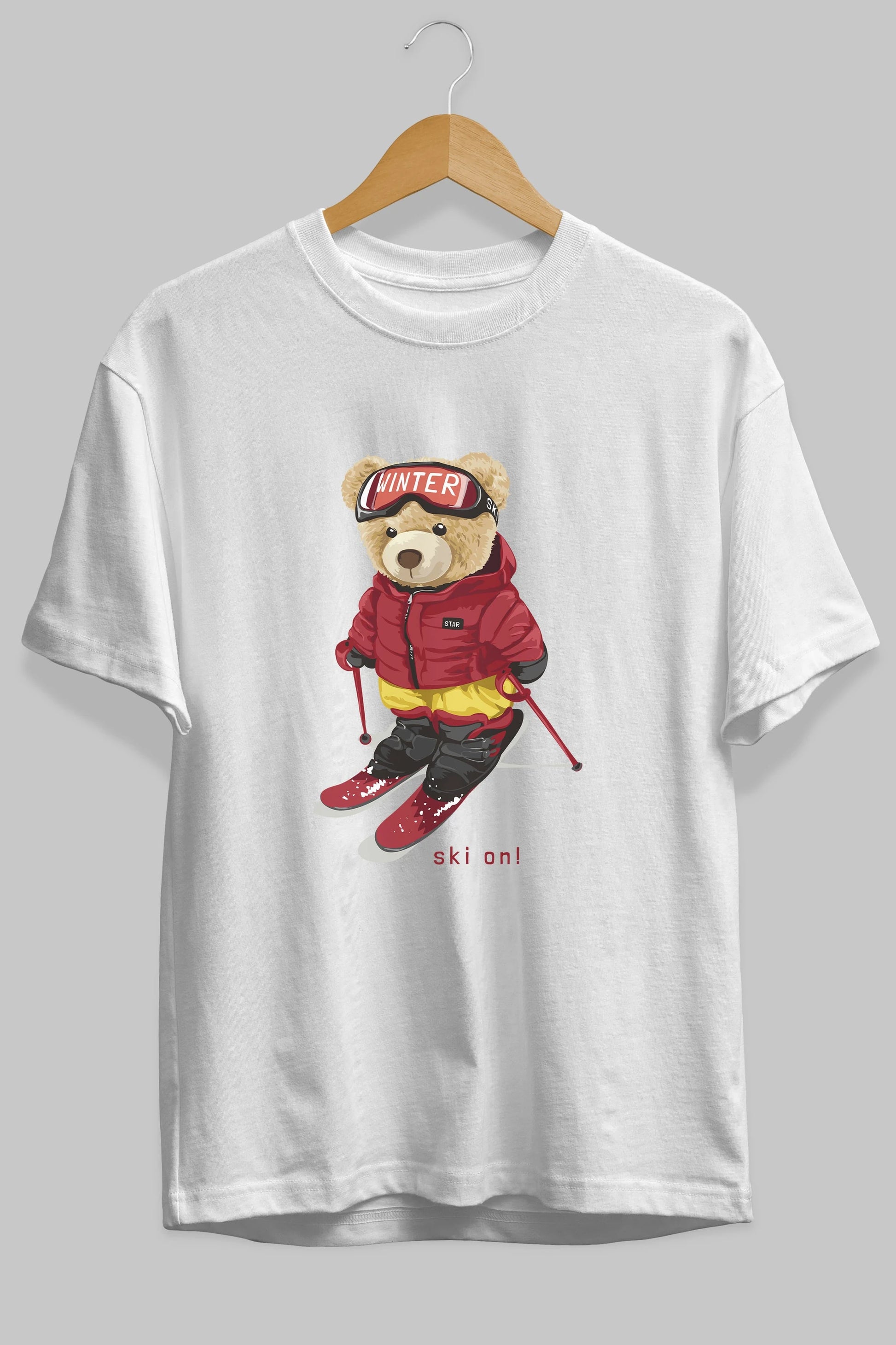 Teddy Bear Ski On Ön Baskılı Oversize t-shirt Erkek Kadın Unisex %100 Pamuk