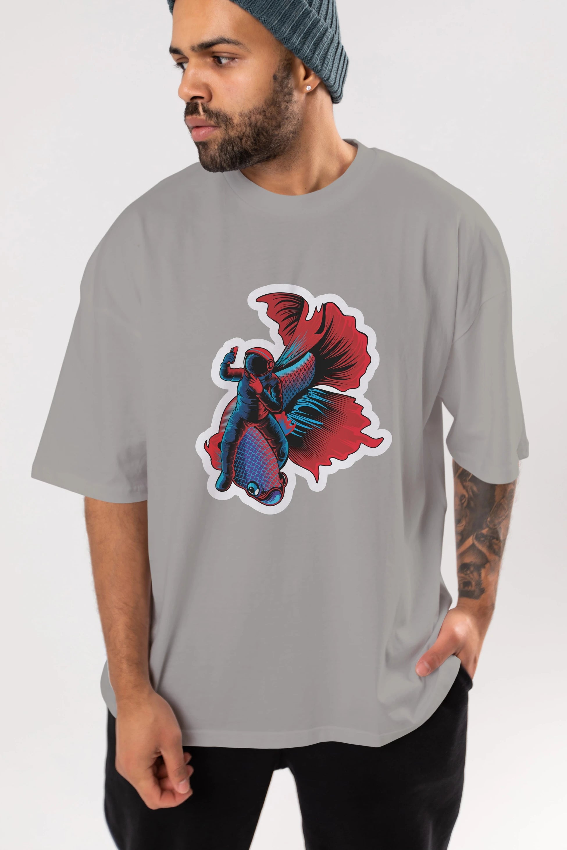 Astrofish selfie sticker Ön Baskılı Oversize t-shirt Erkek Kadın Unisex