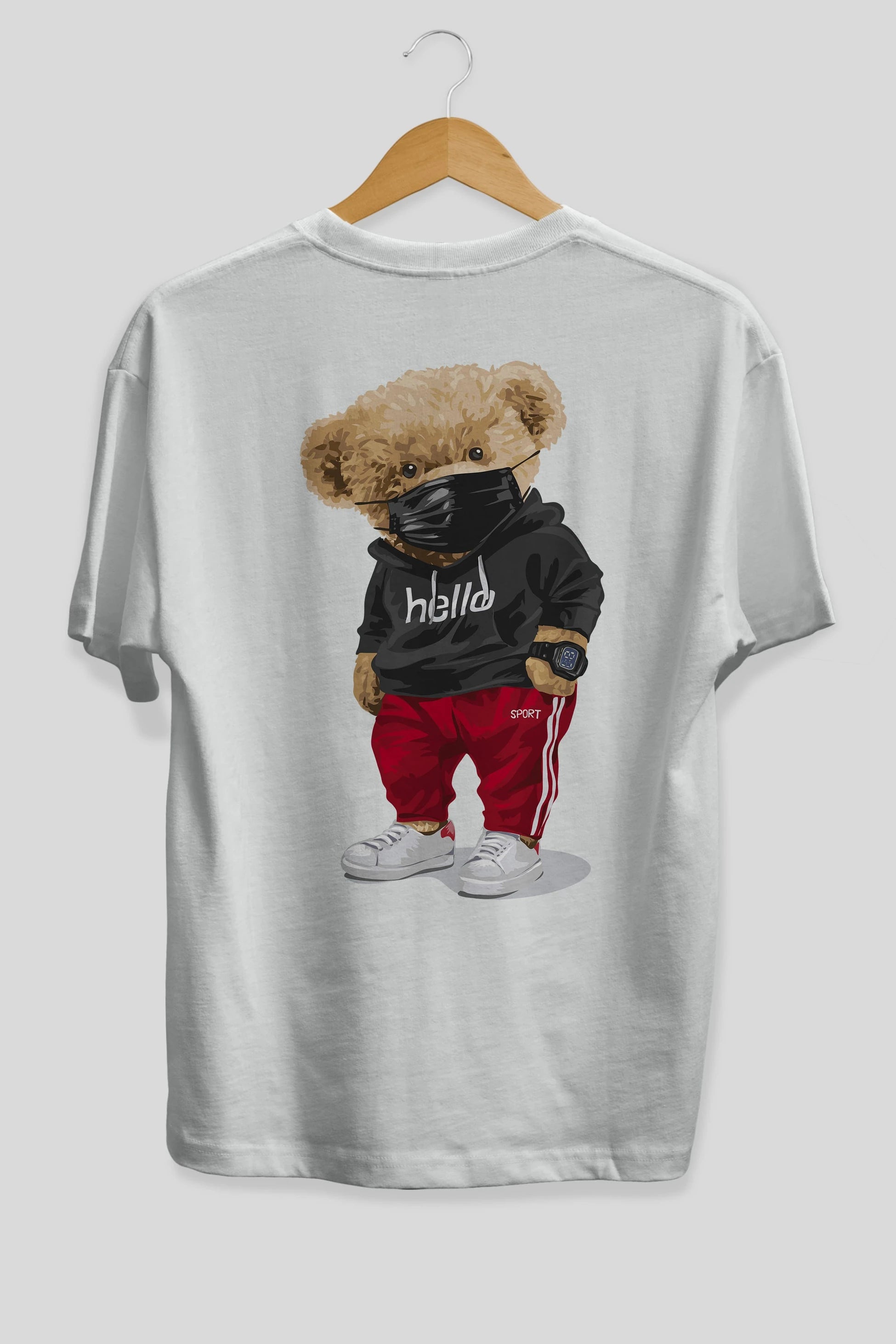 Teddy Bear Hello Sport Arka Baskılı Oversize t-shirt Erkek Kadın Unisex %100 Pamuk