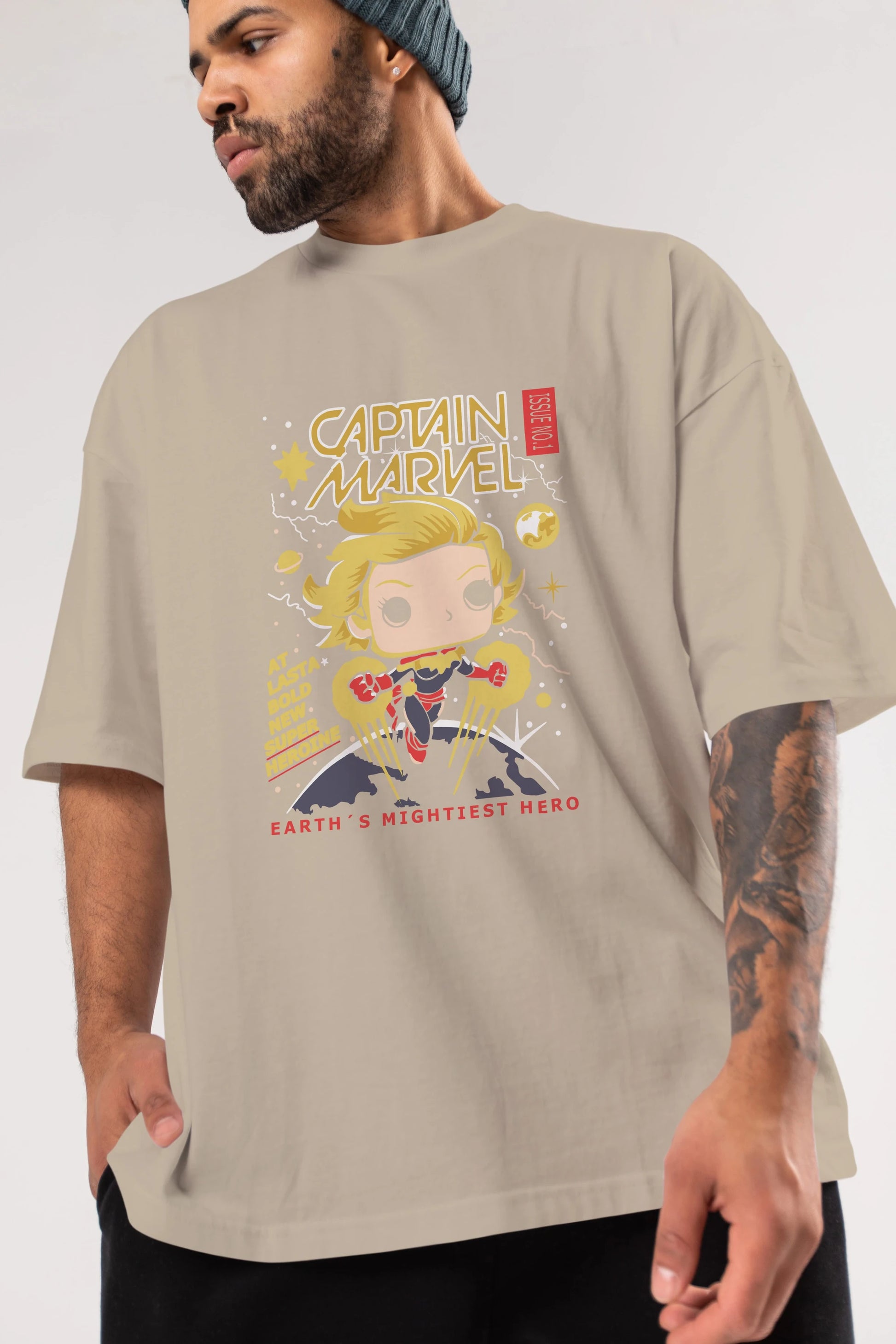 Captain Marvel Ön Baskılı Oversize t-shirt Erkek Kadın Unisex %100 Pamuk Bisiklet Yaka tişort