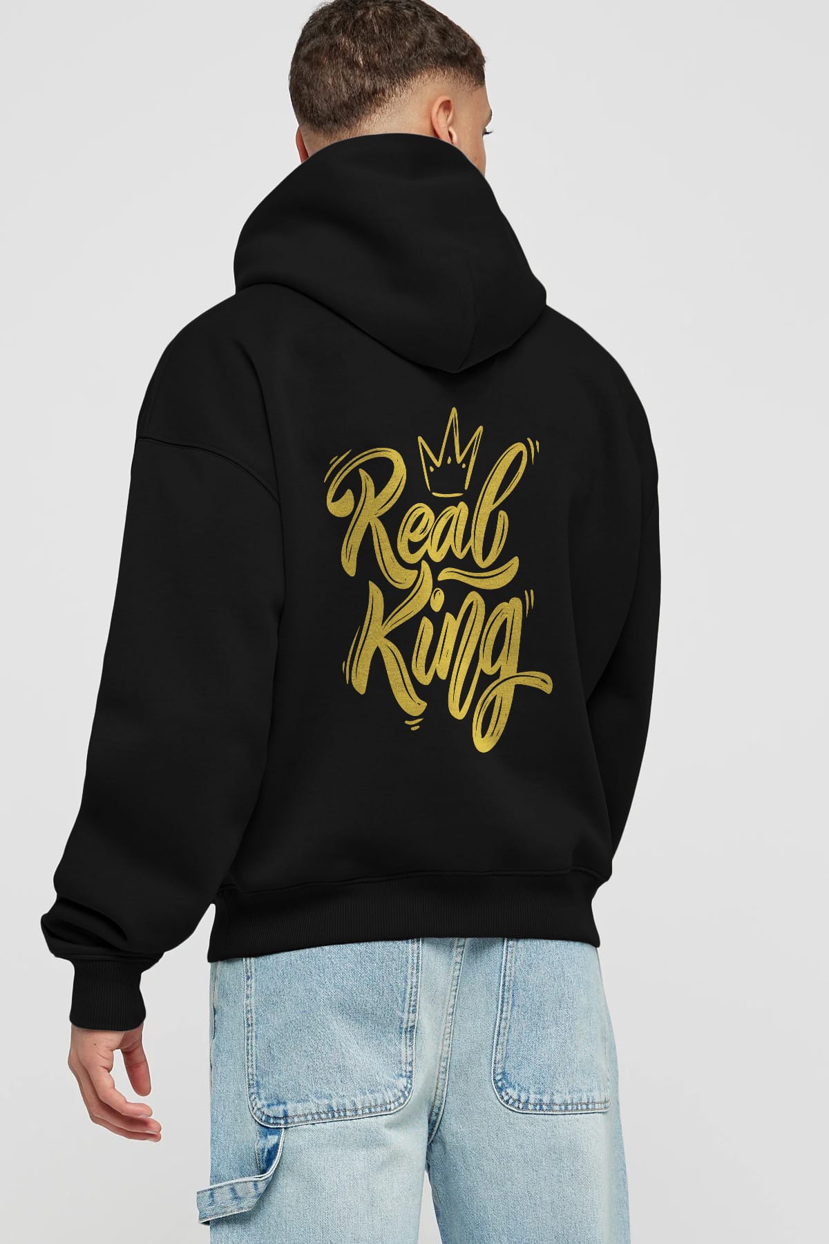 Real King Yazılı Arka Baskılı Oversize Hoodie Kapüşonlu Sweatshirt Erkek Kadın Unisex