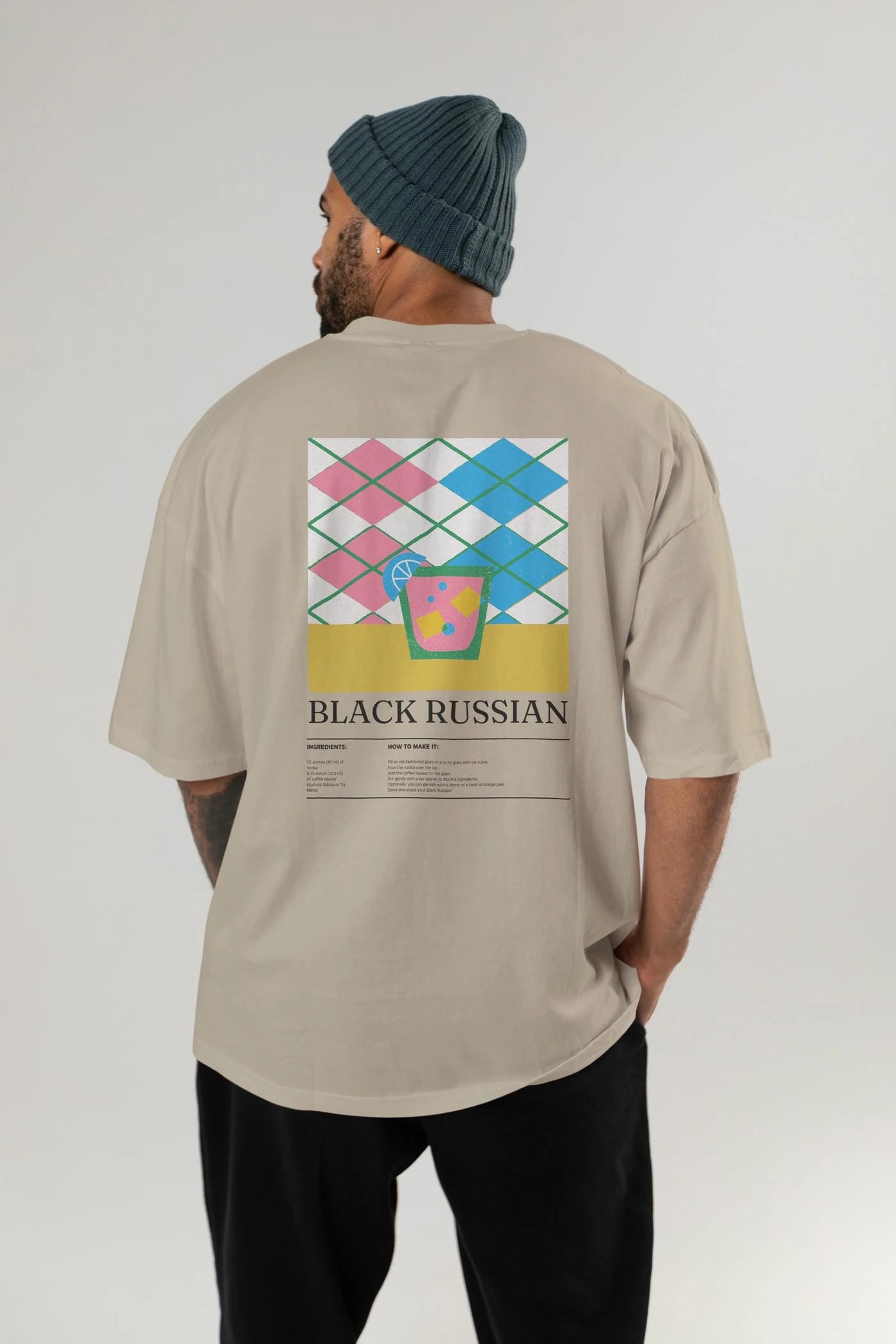 Black Russian Kokteyl Serisi Arka Baskılı Oversize t-shirt Erkek Kadın %100 Pamuk Bisiklet Yaka tişort