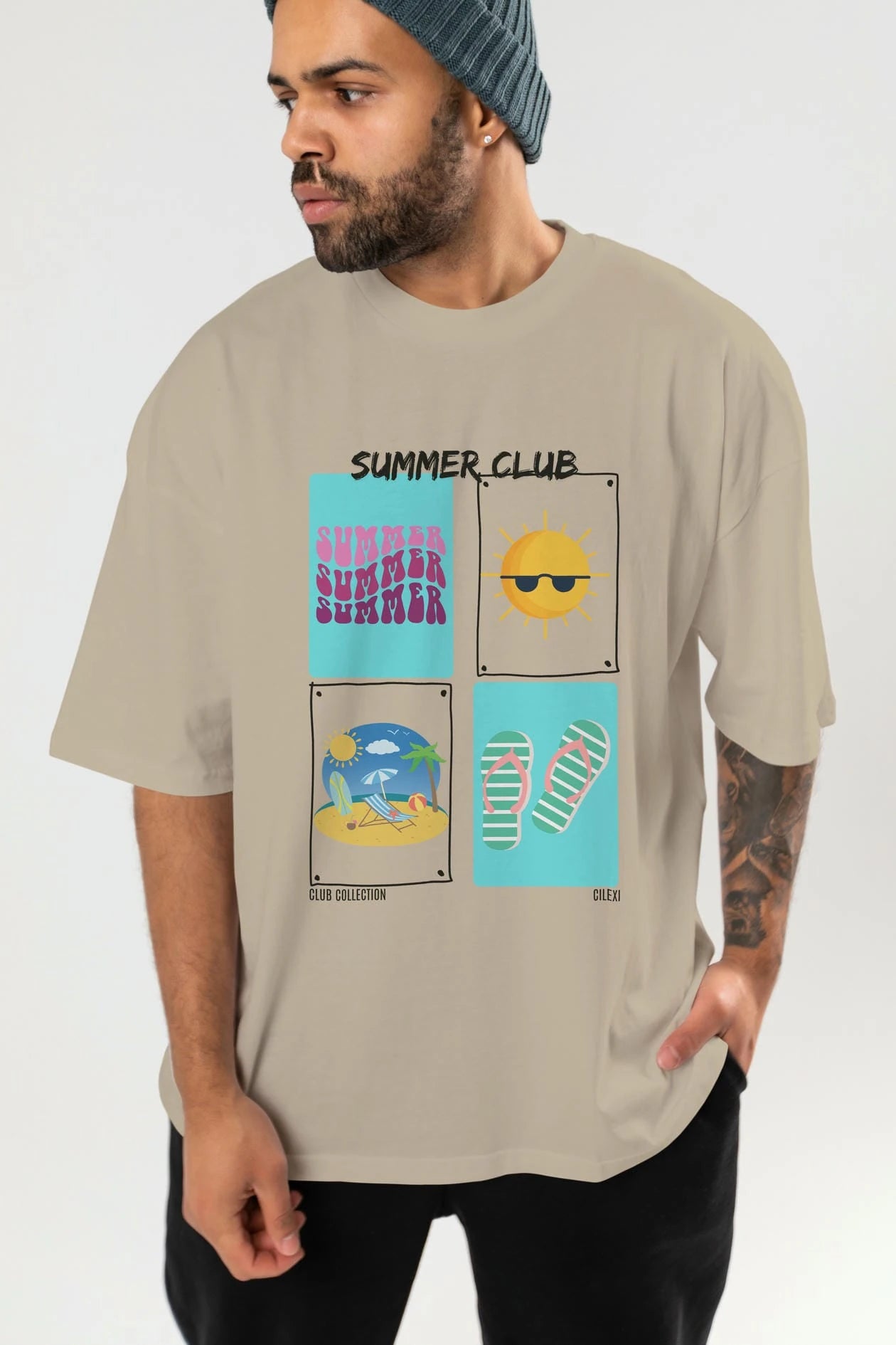 Summer Club ön Baskılı Oversize t-shirt Erkek Kadın %100 Pamuk Bisiklet Yaka tişort