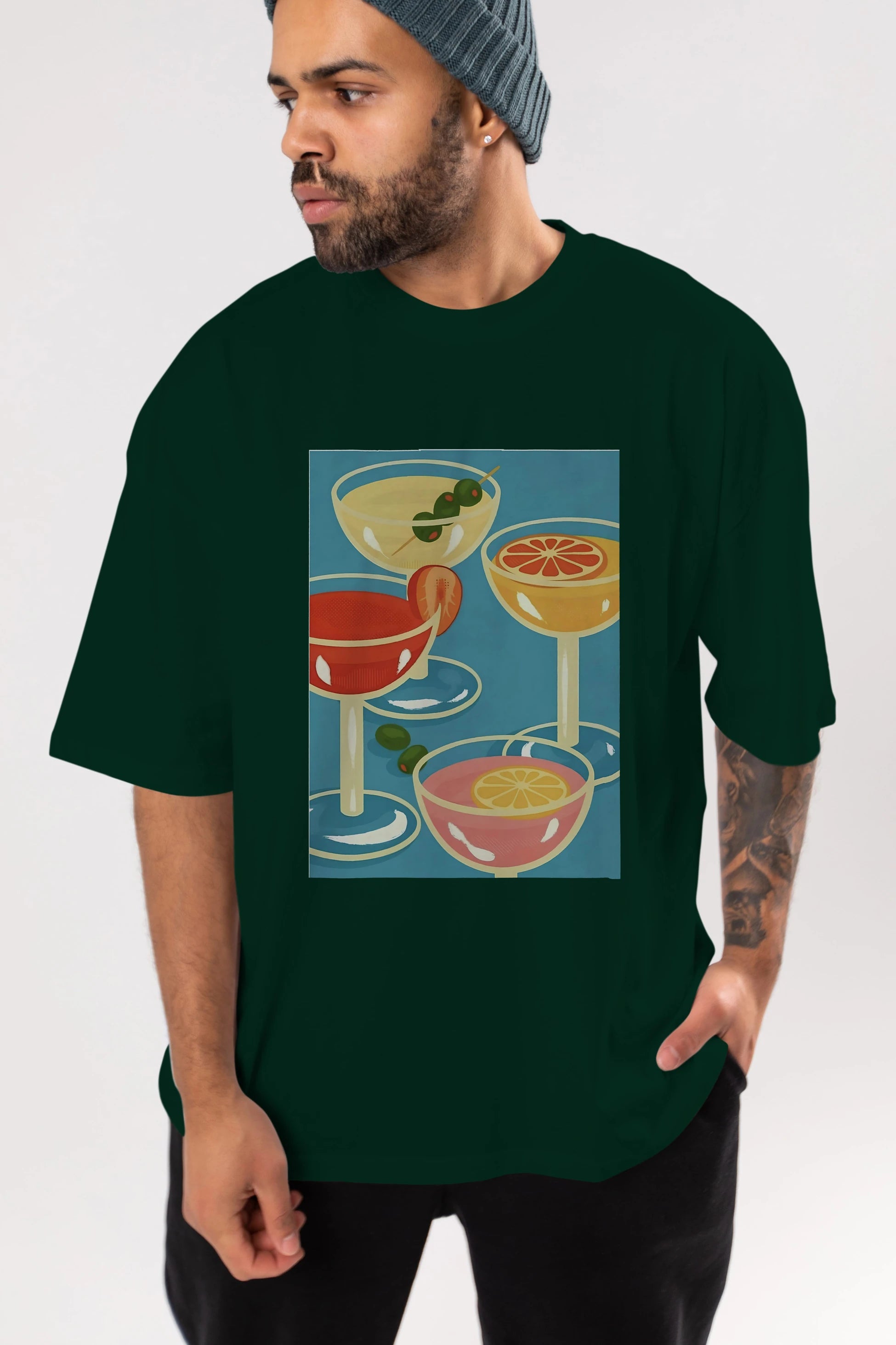 Cocktails Ön Baskılı Oversize t-shirt Erkek Kadın Unisex %100 Pamuk Bisiklet Yaka tişort