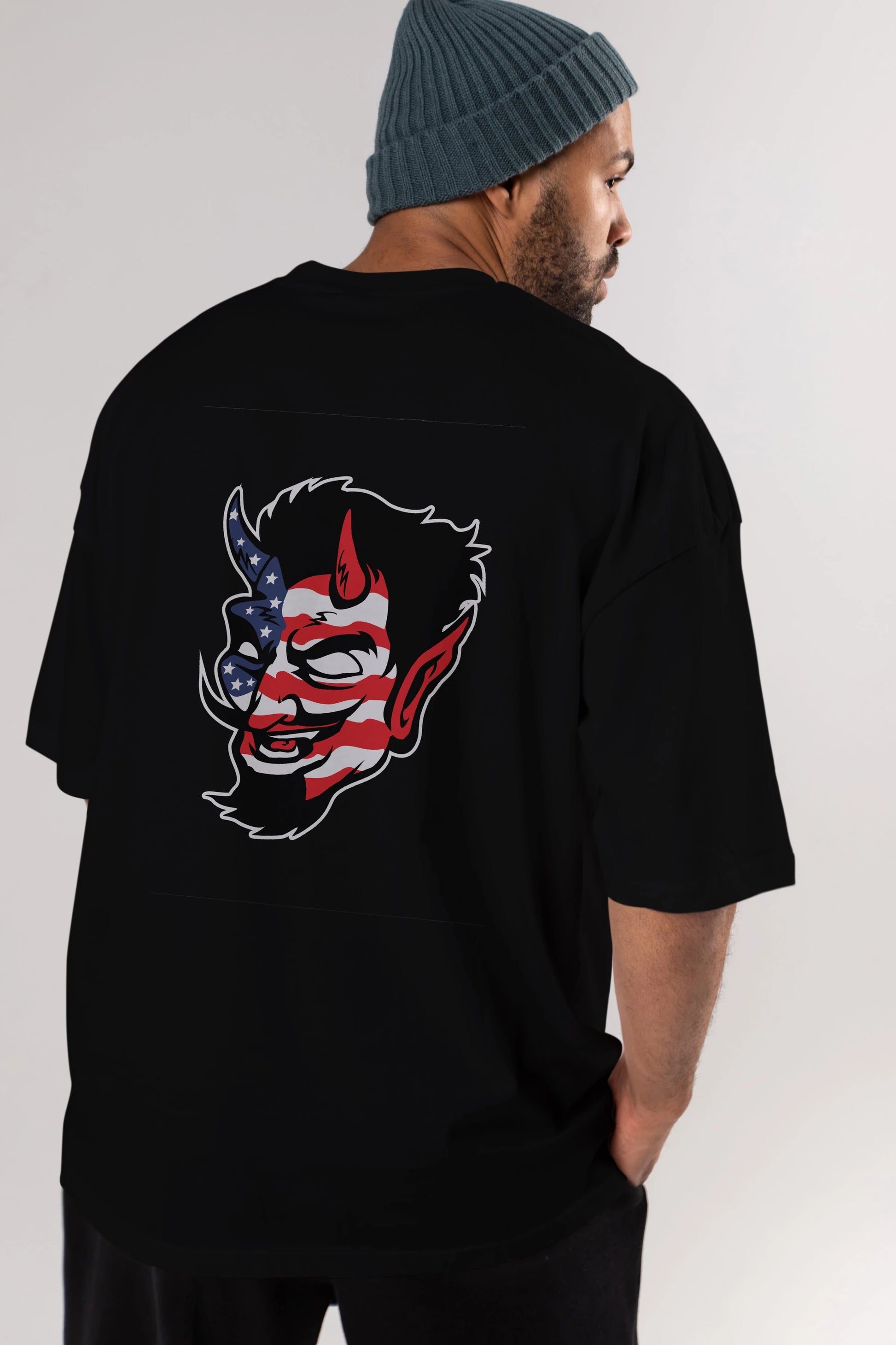 American Devil Arka Baskılı Oversize t-shirt Erkek Kadın Unisex %100 Pamuk tişort