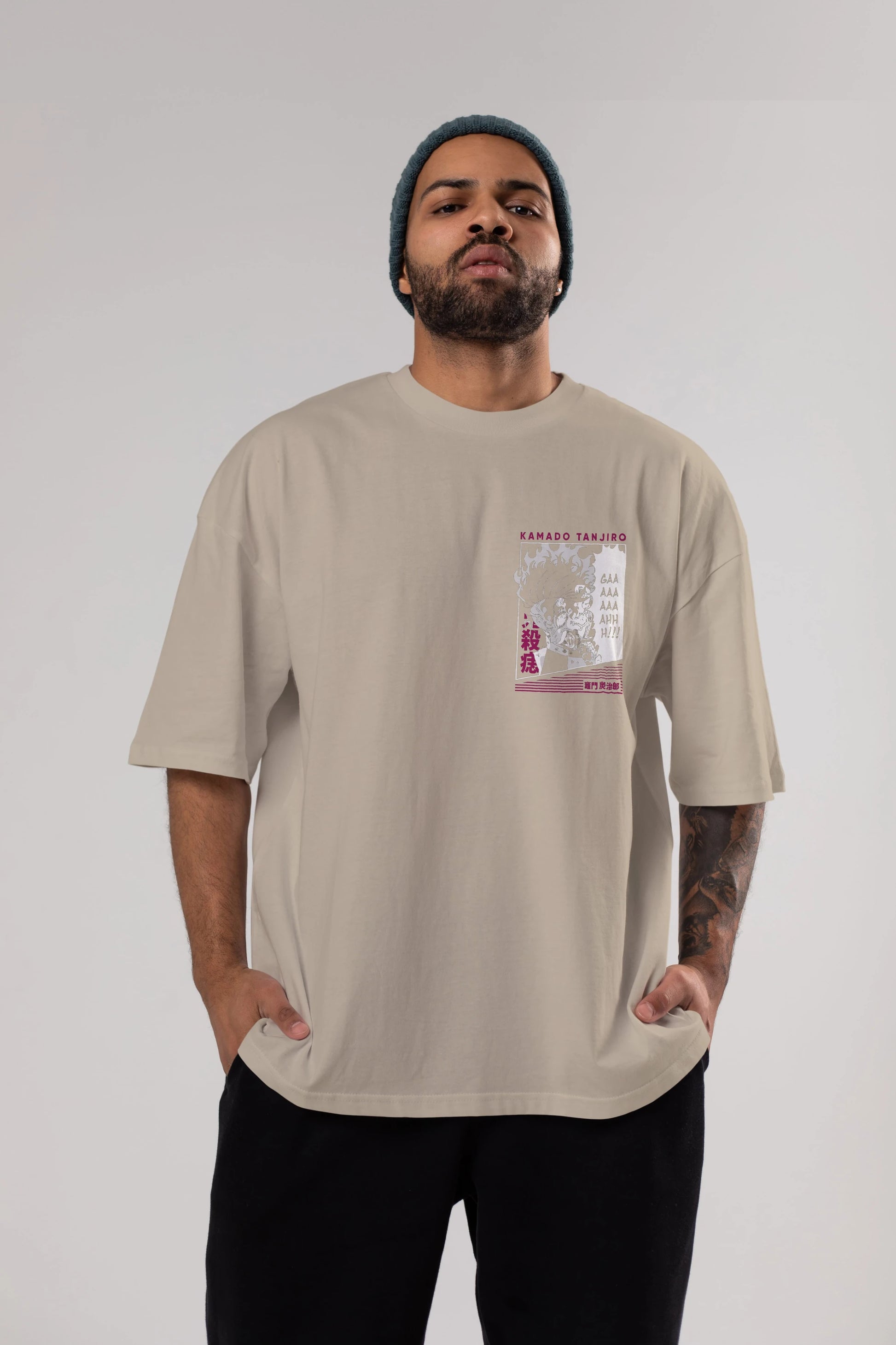 TANJIRO KAMADO 3 Ön Sol Baskılı Oversize t-shirt Erkek Kadın Unisex %100 Pamuk Bisiklet Yaka tişort