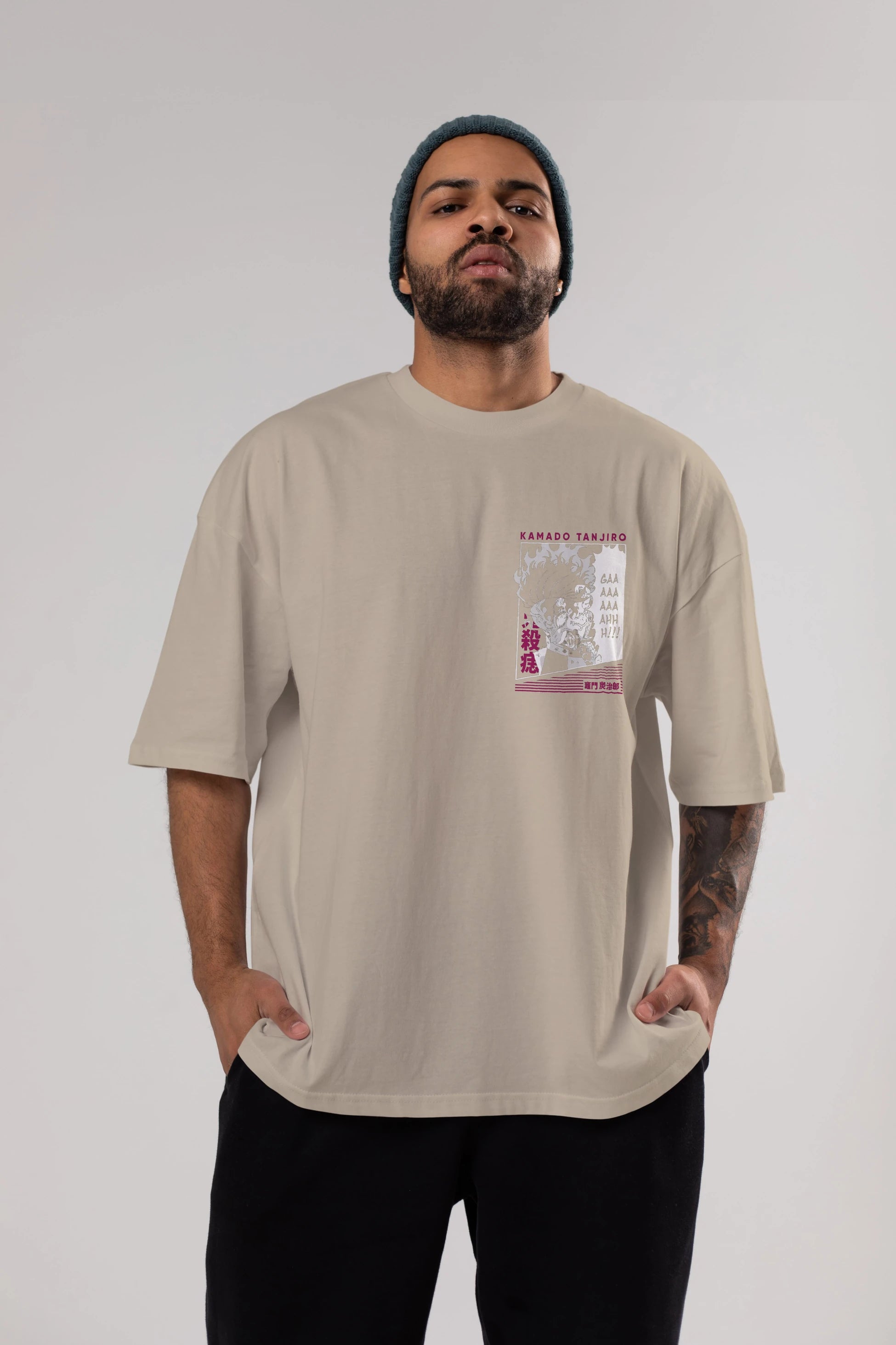 TANJIRO KAMADO 3 Ön Sol Baskılı Oversize t-shirt Erkek Kadın Unisex %100 Pamuk Bisiklet Yaka tişort