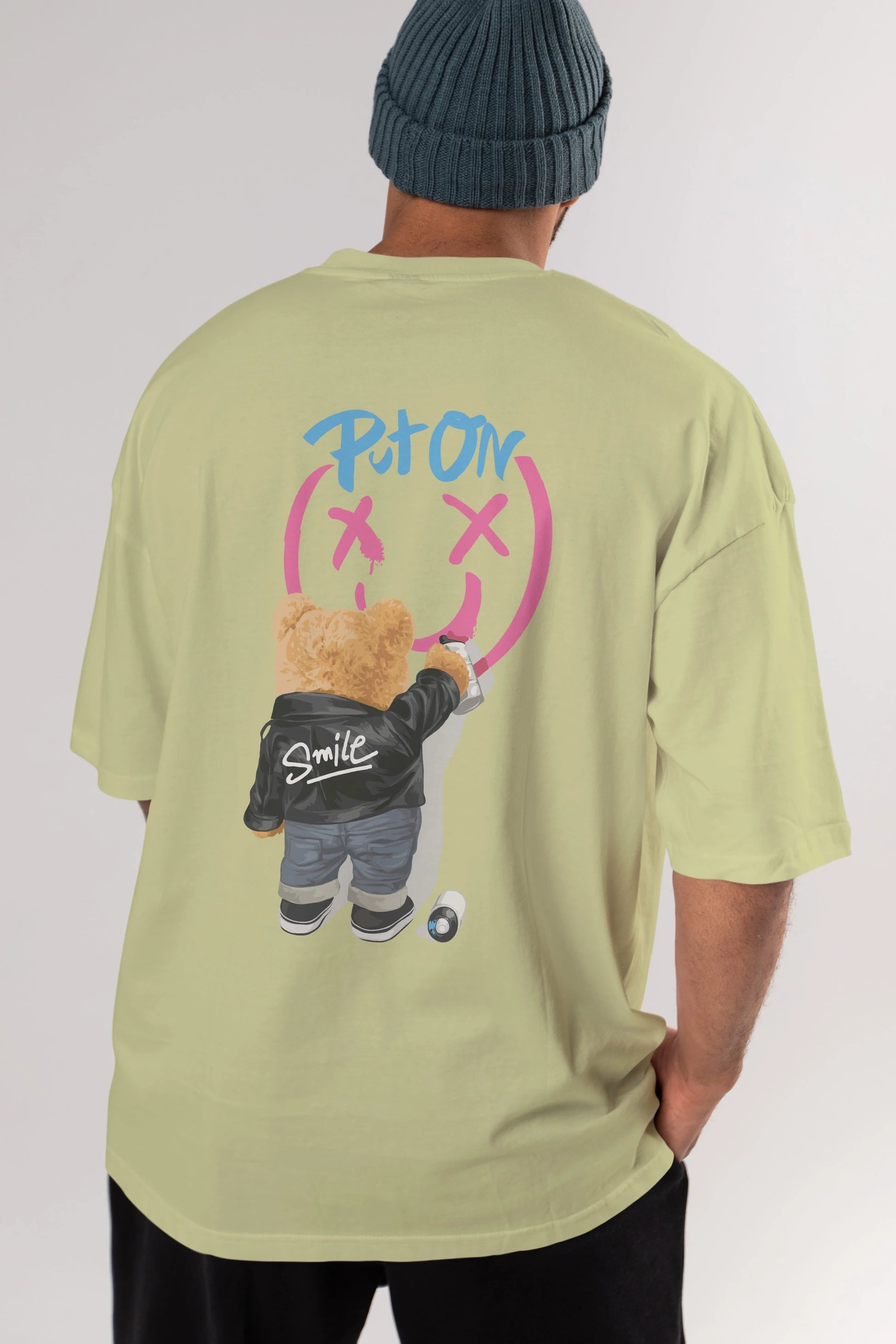 Put on Smile Bear Arka Baskılı Oversize t-shirt Erkek Kadın Unisex