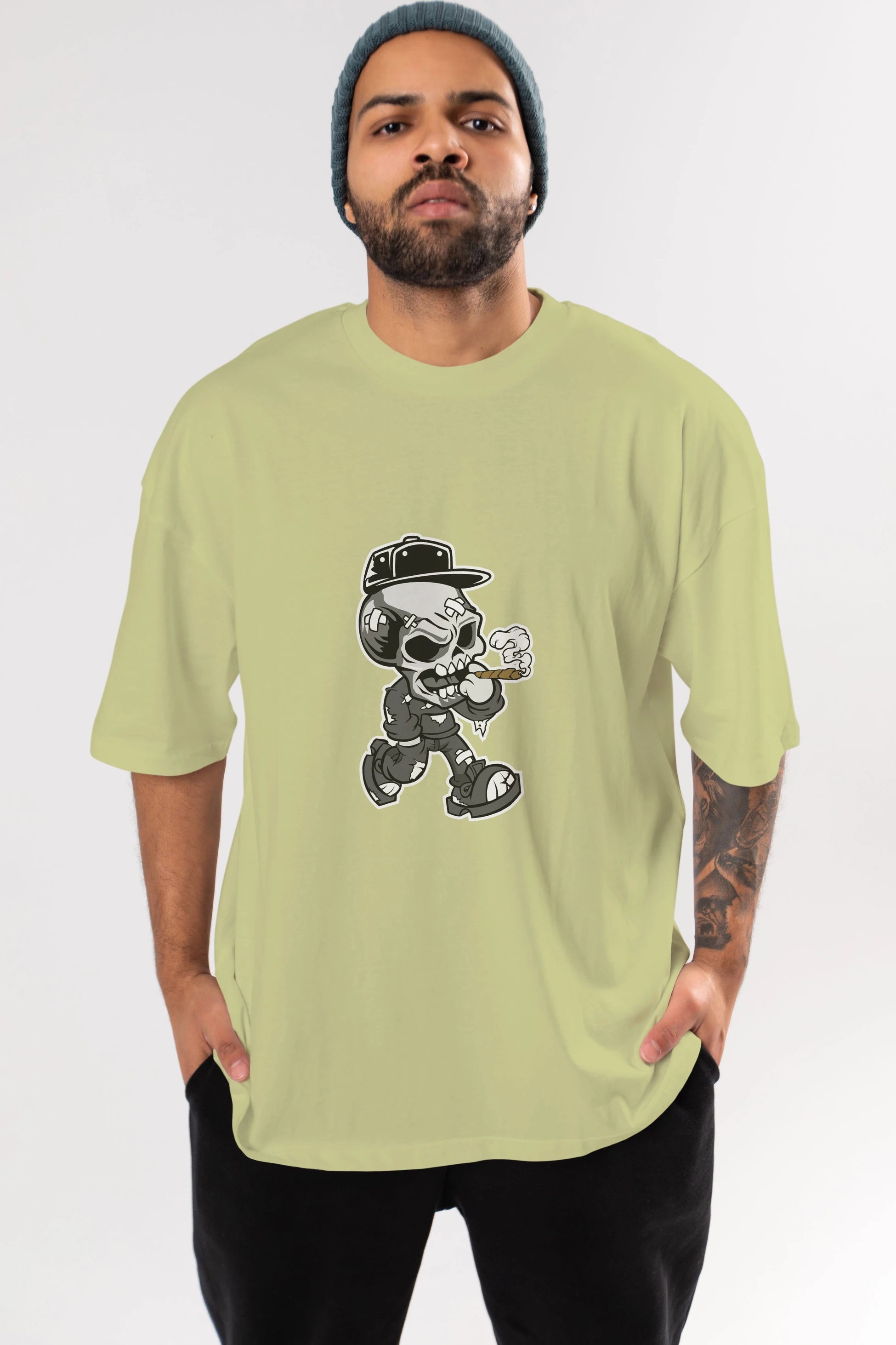 Skull Smoker Ön Baskılı Oversize t-shirt Erkek Kadın Unisex %100 Pamuk tişort
