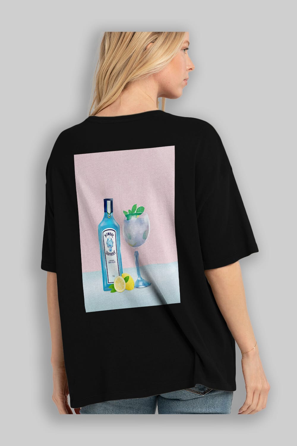 Bombay Sapphire Dry Gin Arka Baskılı Oversize t-shirt Erkek Kadın Unisex %100 Pamuk Bisiklet Yaka tişort