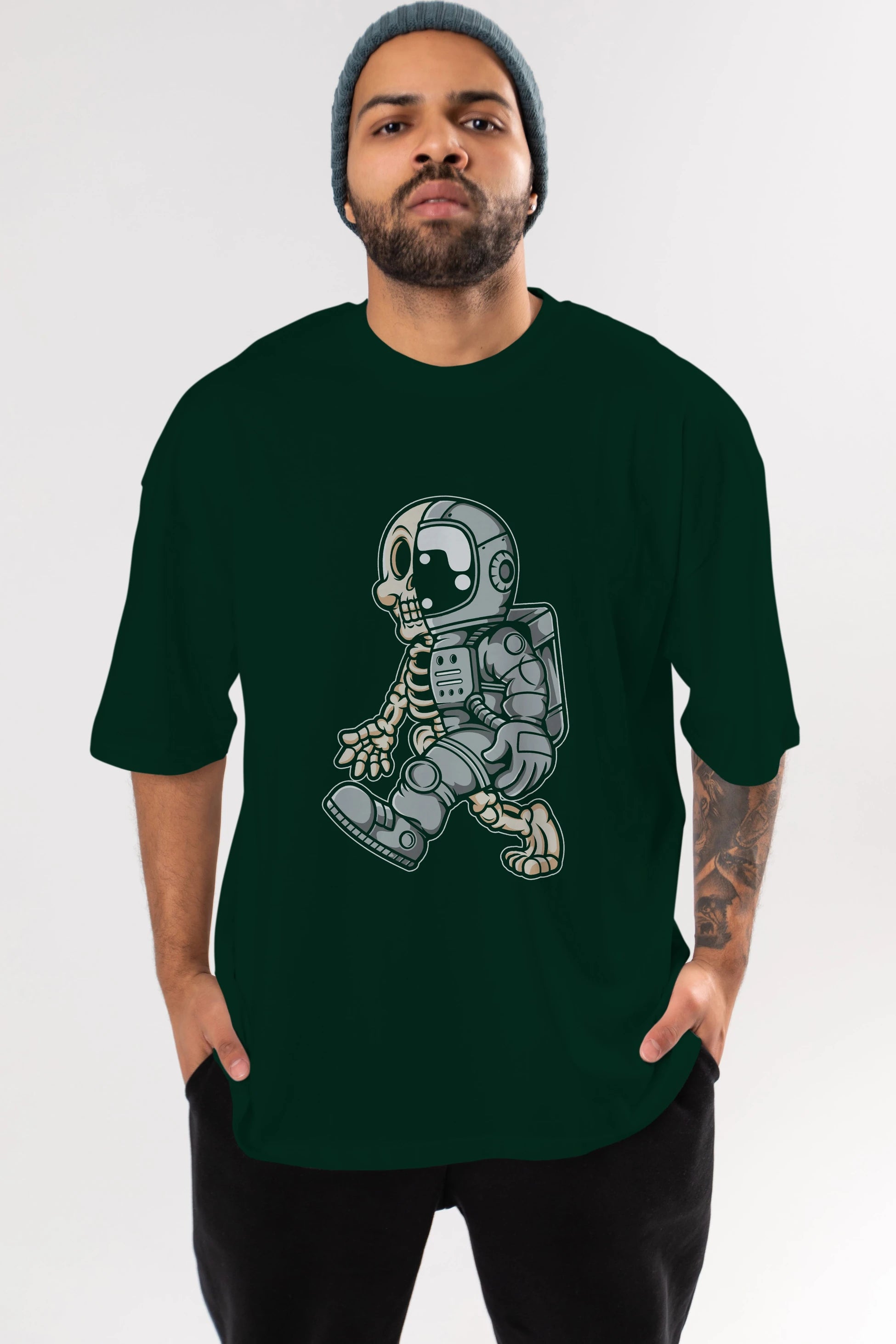 Astronaut Half Skull Ön Baskılı Oversize t-shirt Erkek Kadın Unisex