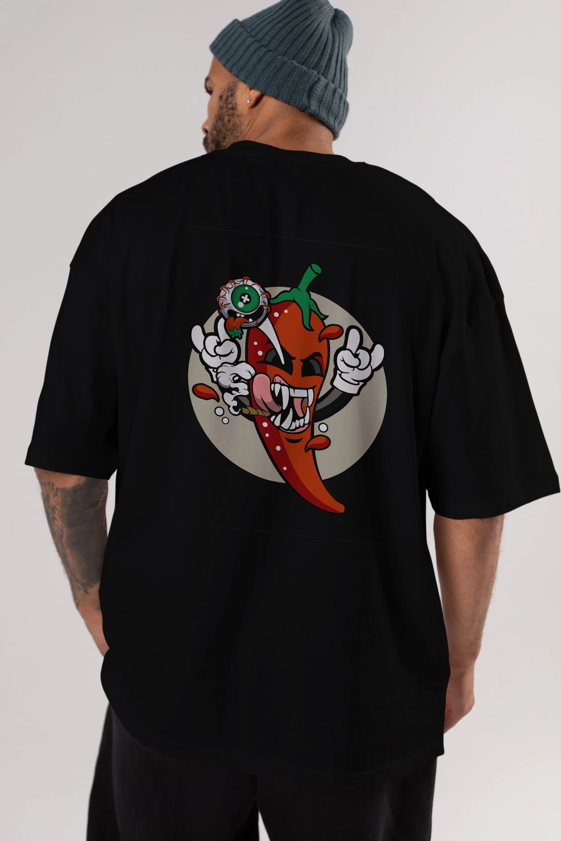 Chili Monster Arka Baskılı Oversize t-shirt Erkek Kadın Unisex %100 Pamuk tişort