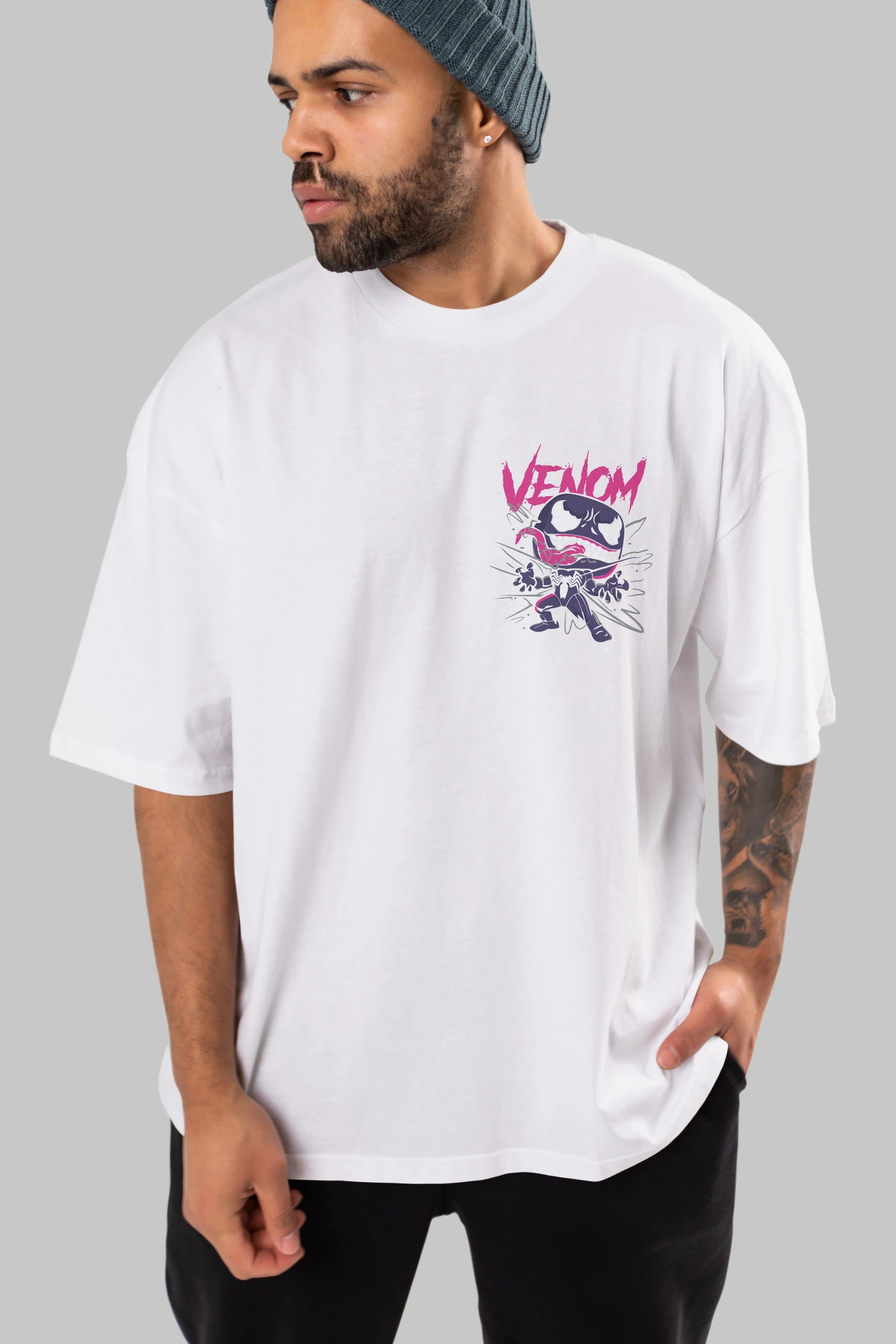 Venom (20) Ön Sol Baskılı Oversize t-shirt Erkek Kadın Unisex %100 Pamuk Bisiklet Yaka tişort