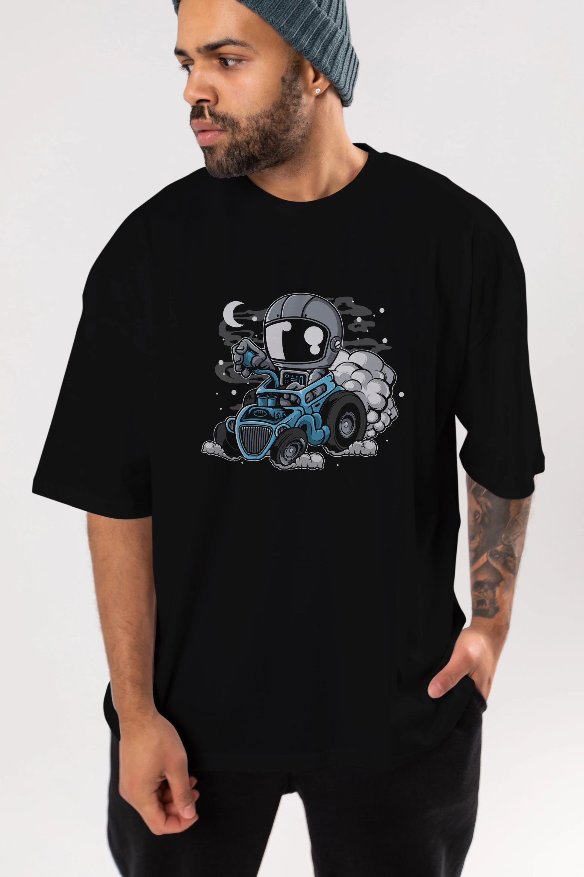 Astronaut Hotrod Ön Baskılı Oversize t-shirt Erkek Kadın Unisex